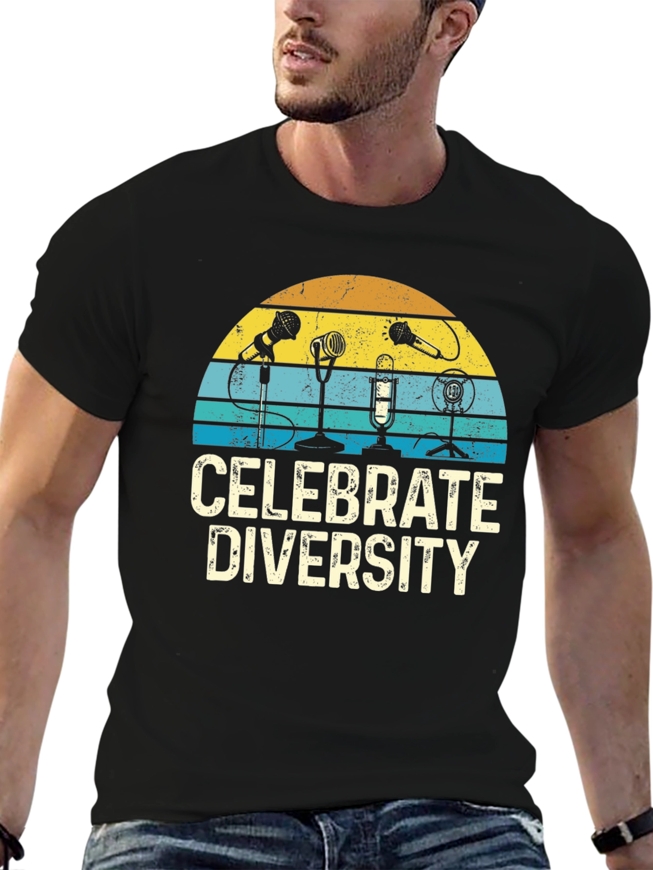 Black Celebrate Diversity T-Shirt: Vintage Microphone Graphic Tee view 6