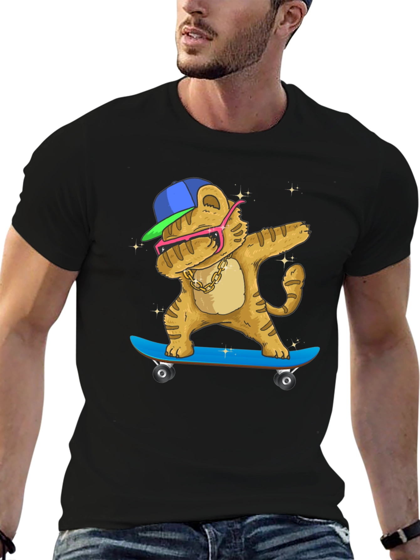 Black Dabbing Tiger Skateboard T-Shirt view 6
