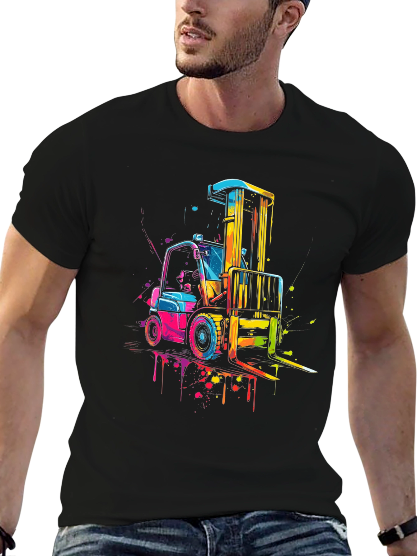 Black Forklift Graphic Tee - Colorful Construction Shirt view 6