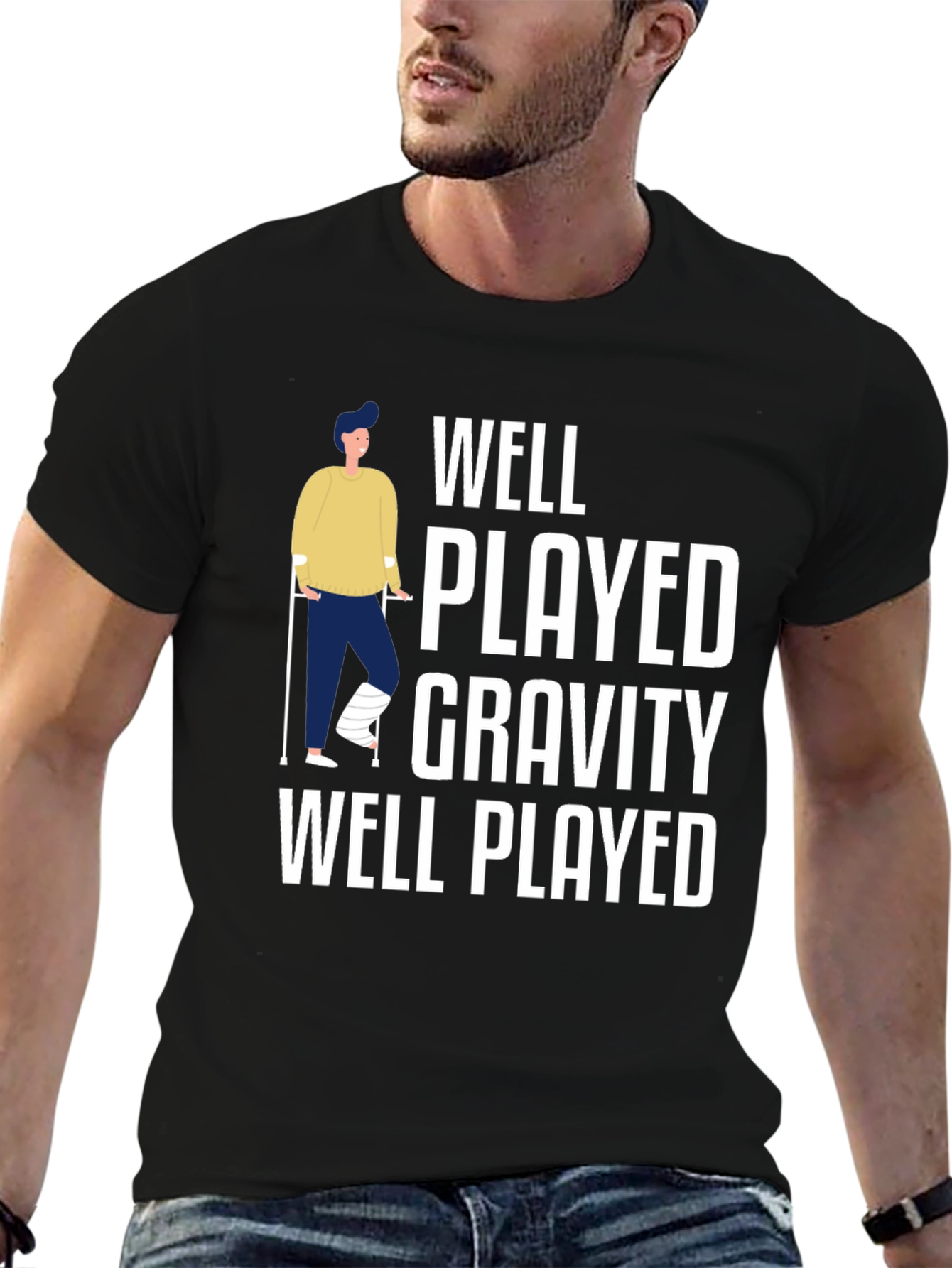 Black Well Played Gravity Funny Injury T-Shirt view 6