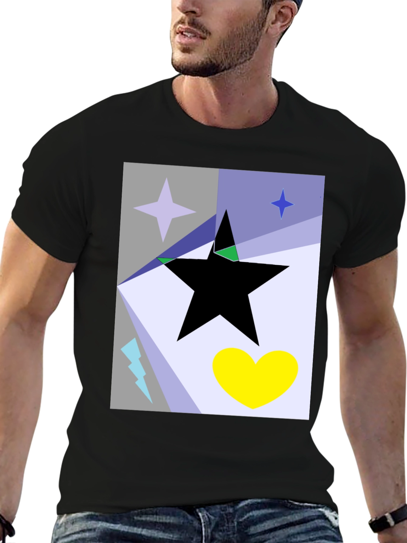 Black Abstract Star Heart Graphic Tee - Black Cotton T-Shirt view 6