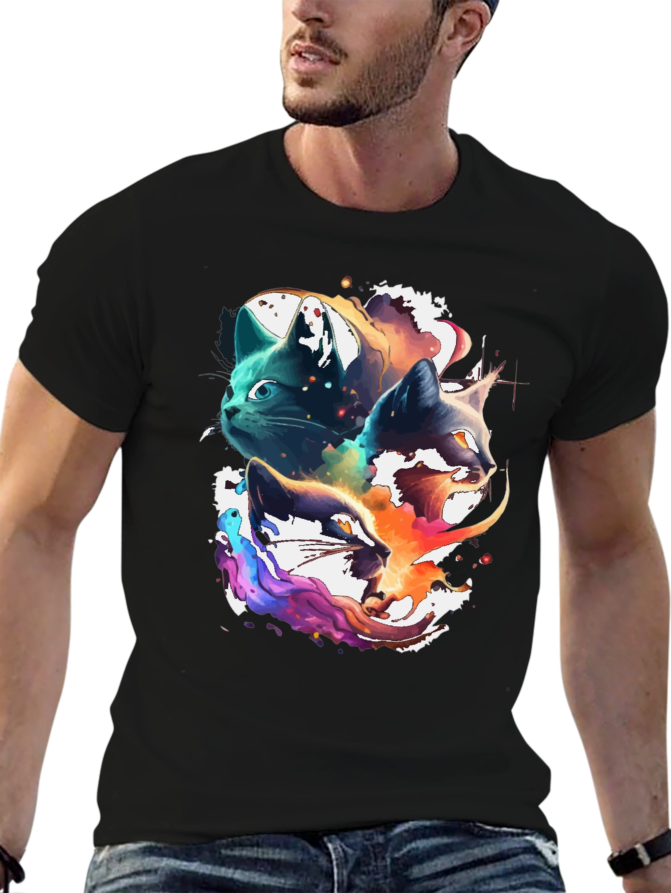 Black Abstract Cat Head Graphic Print Tee view 6