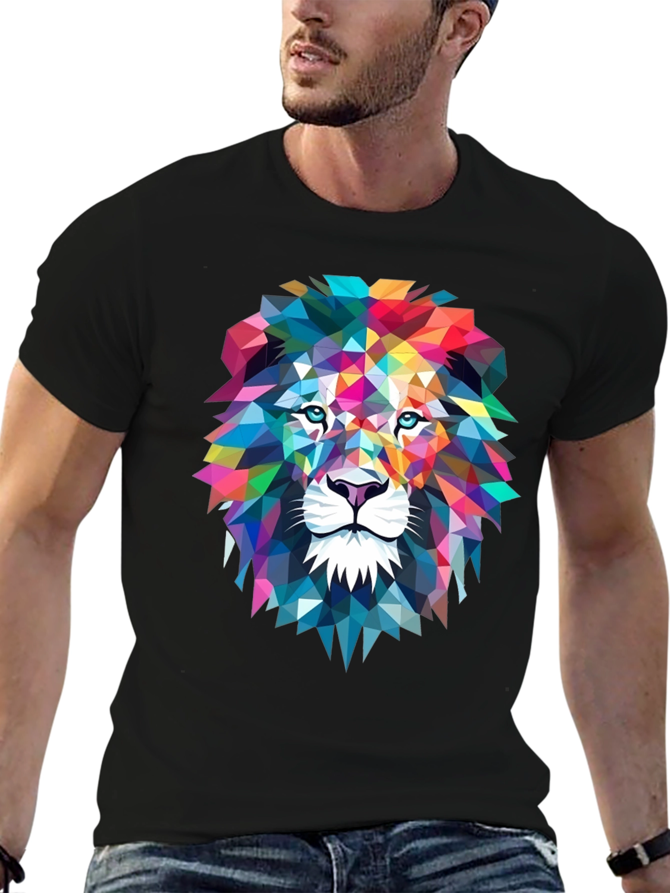 Black Geometric Lion Graphic Tee - Bold Art Design view 6