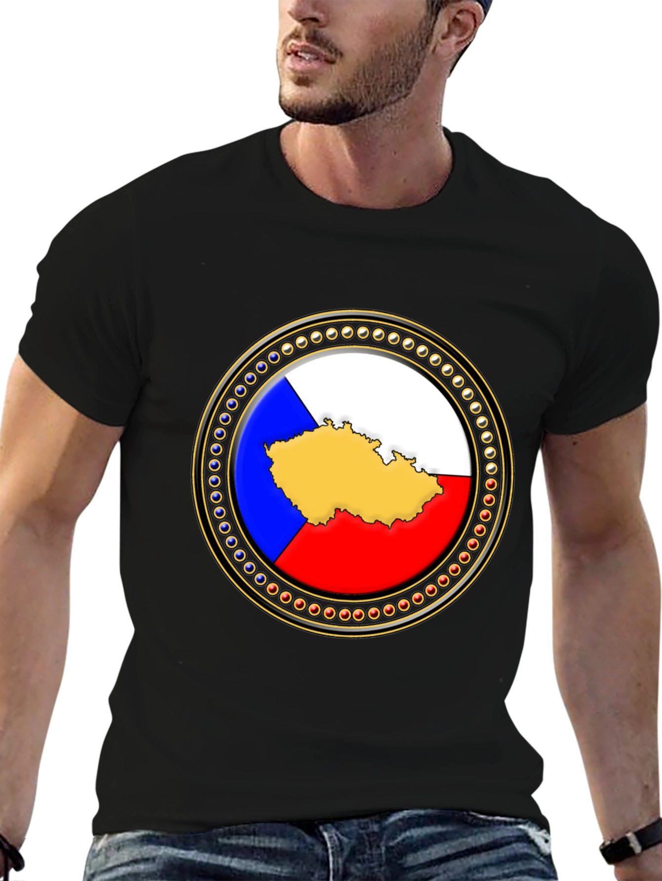 Czech Republic Flag Map T-Shirt - Black Cotton Tee - 6