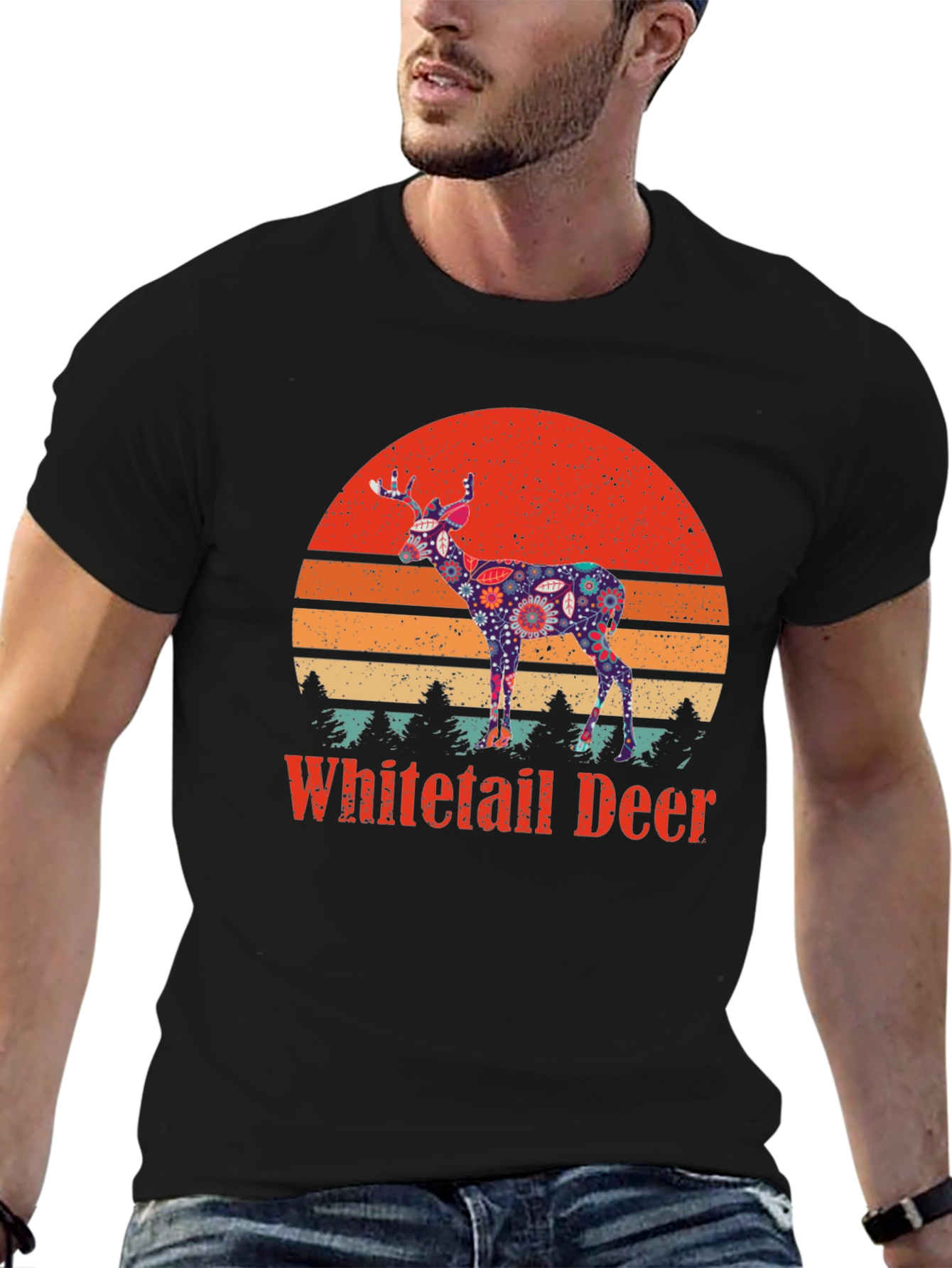 Black Vintage Whitetail Deer Graphic T-Shirt view 6