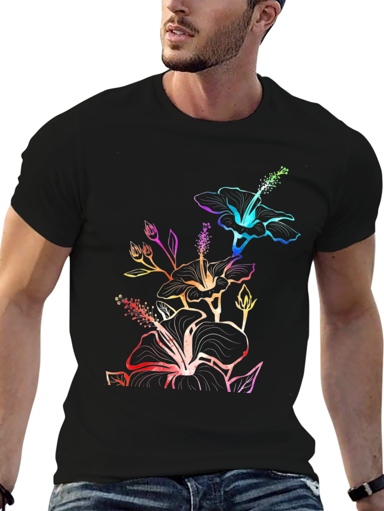 Black Rainbow Hibiscus Black T-Shirt view 6
