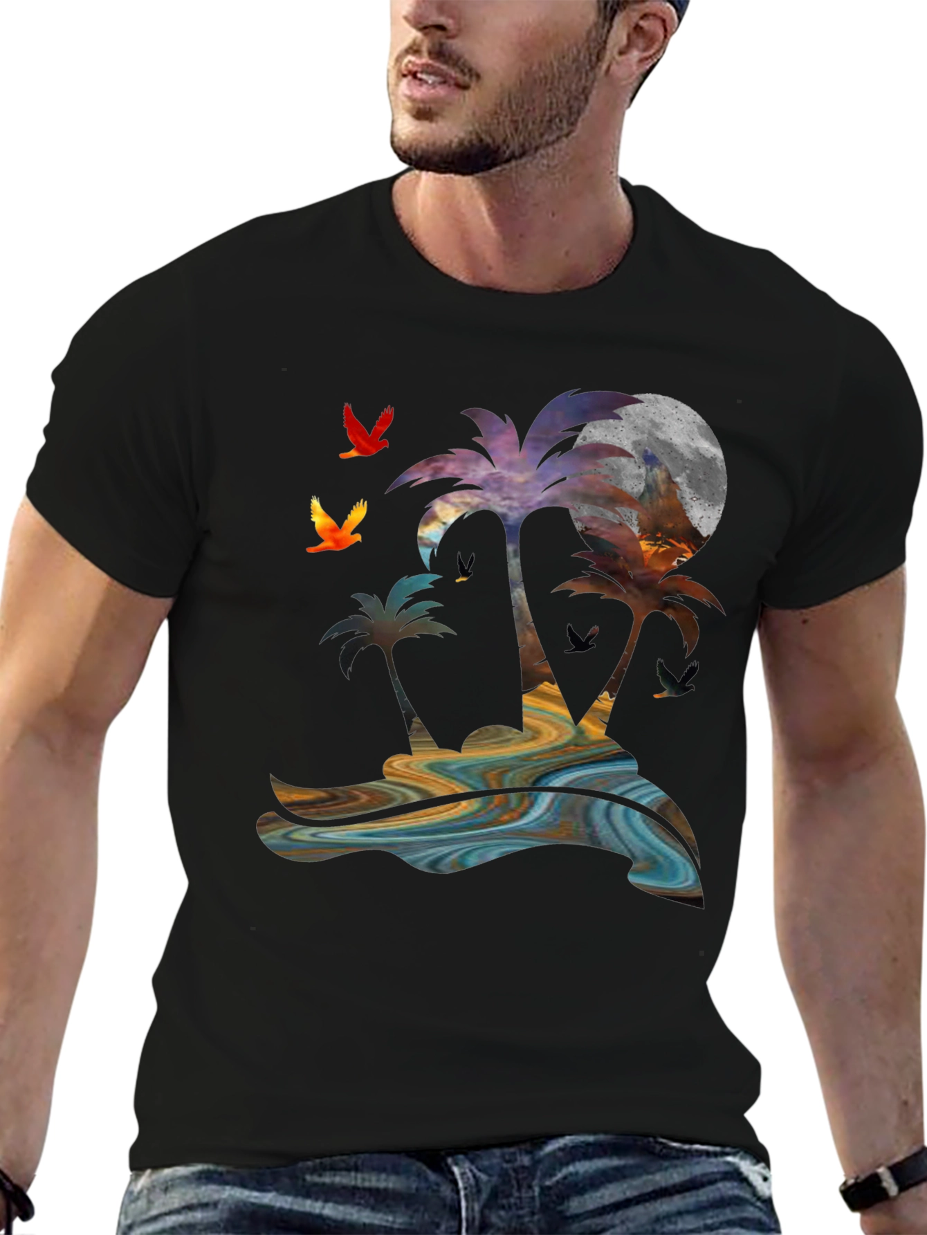 Black Tropical Sunset Palm Tree Graphic T-Shirt view 6