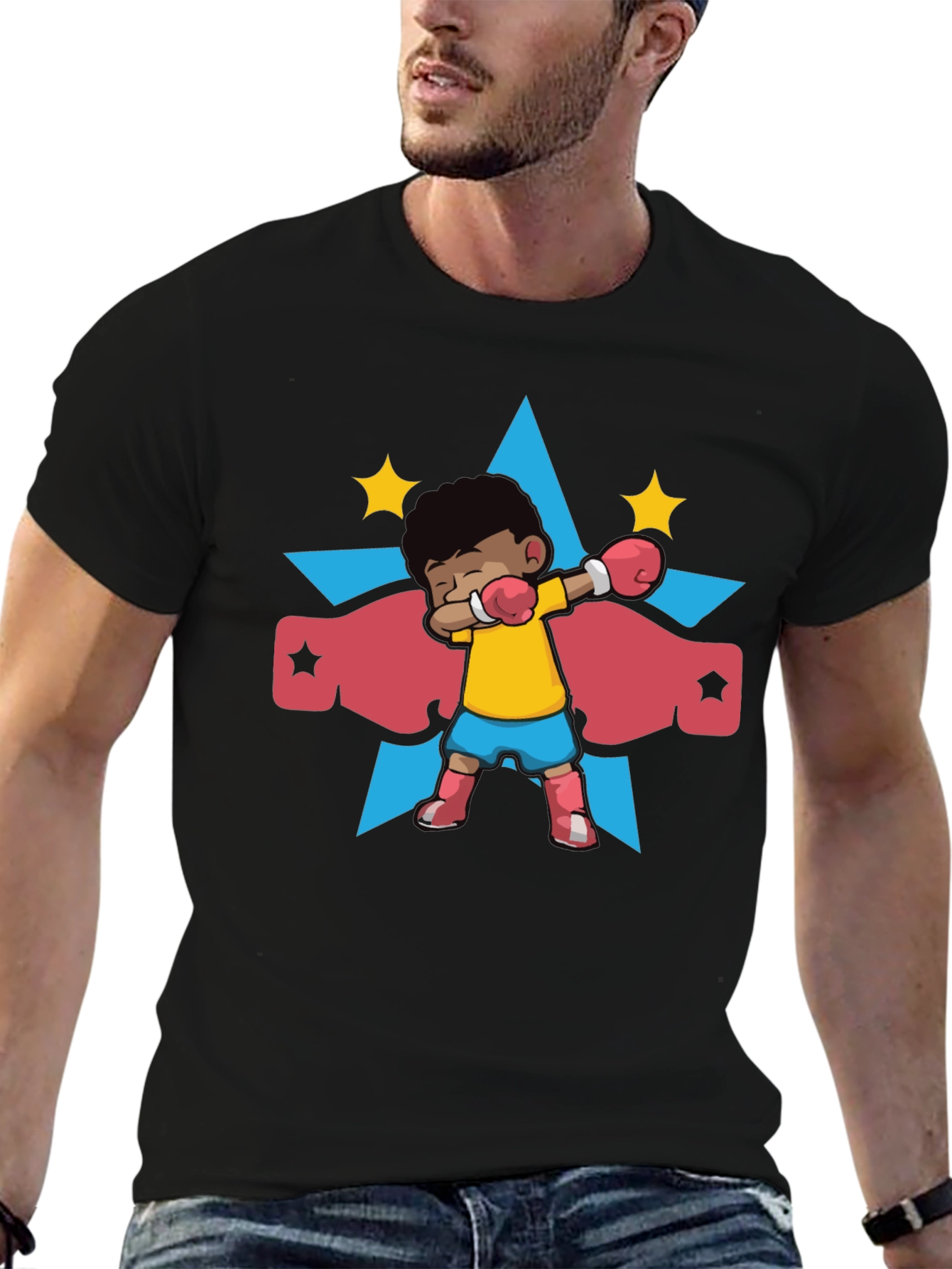 Black Cartoon Boxer Kid Graphic T-Shirt view 6