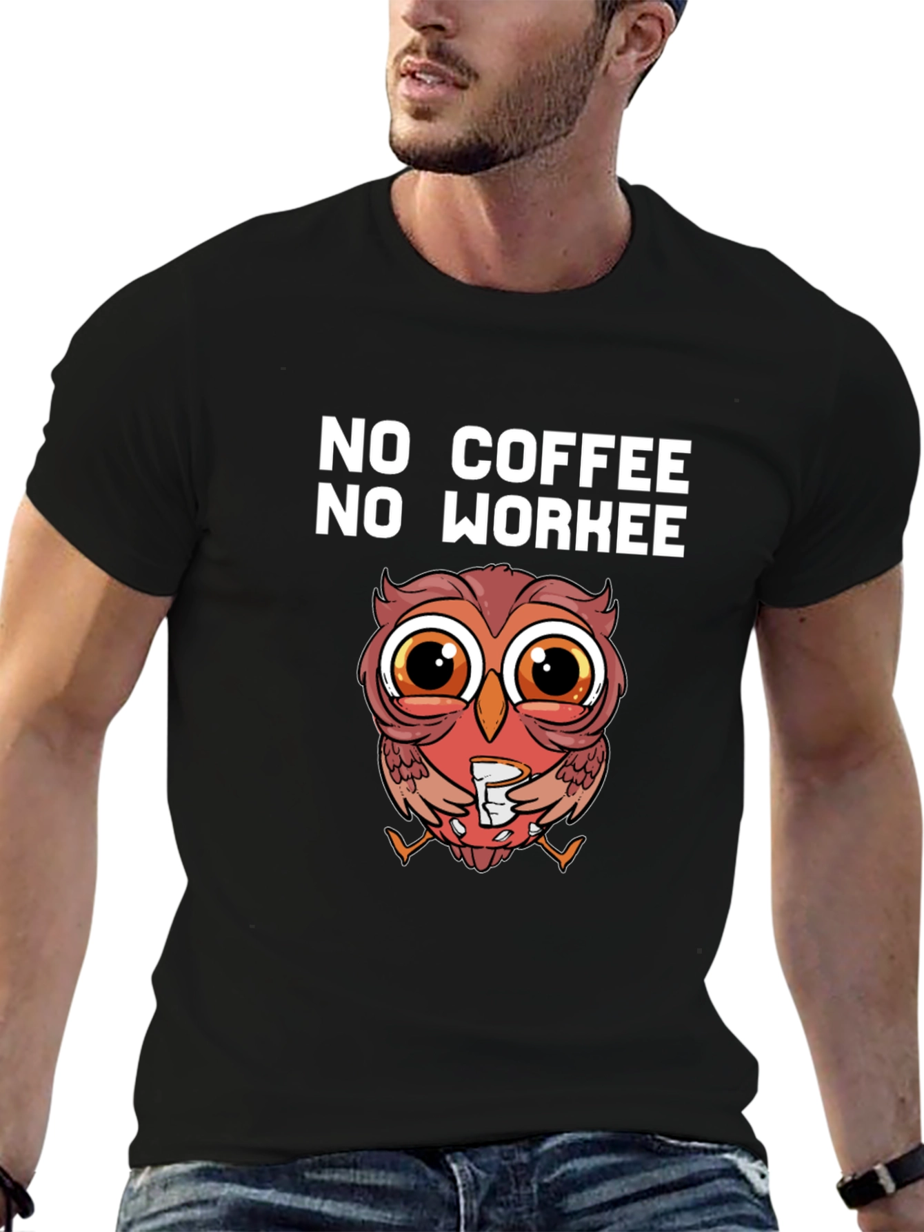 Black No Coffee No Workee Owl T-Shirt view 6