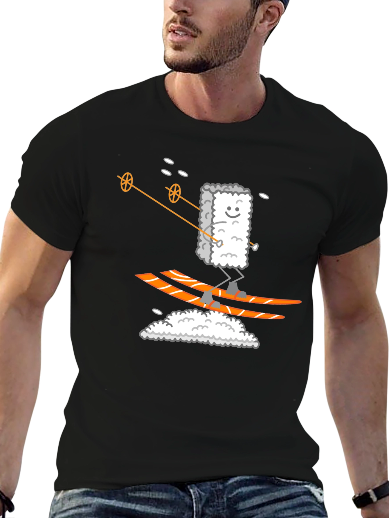 Black Sushi Skier Graphic Tee - Black Cotton T-Shirt view 6