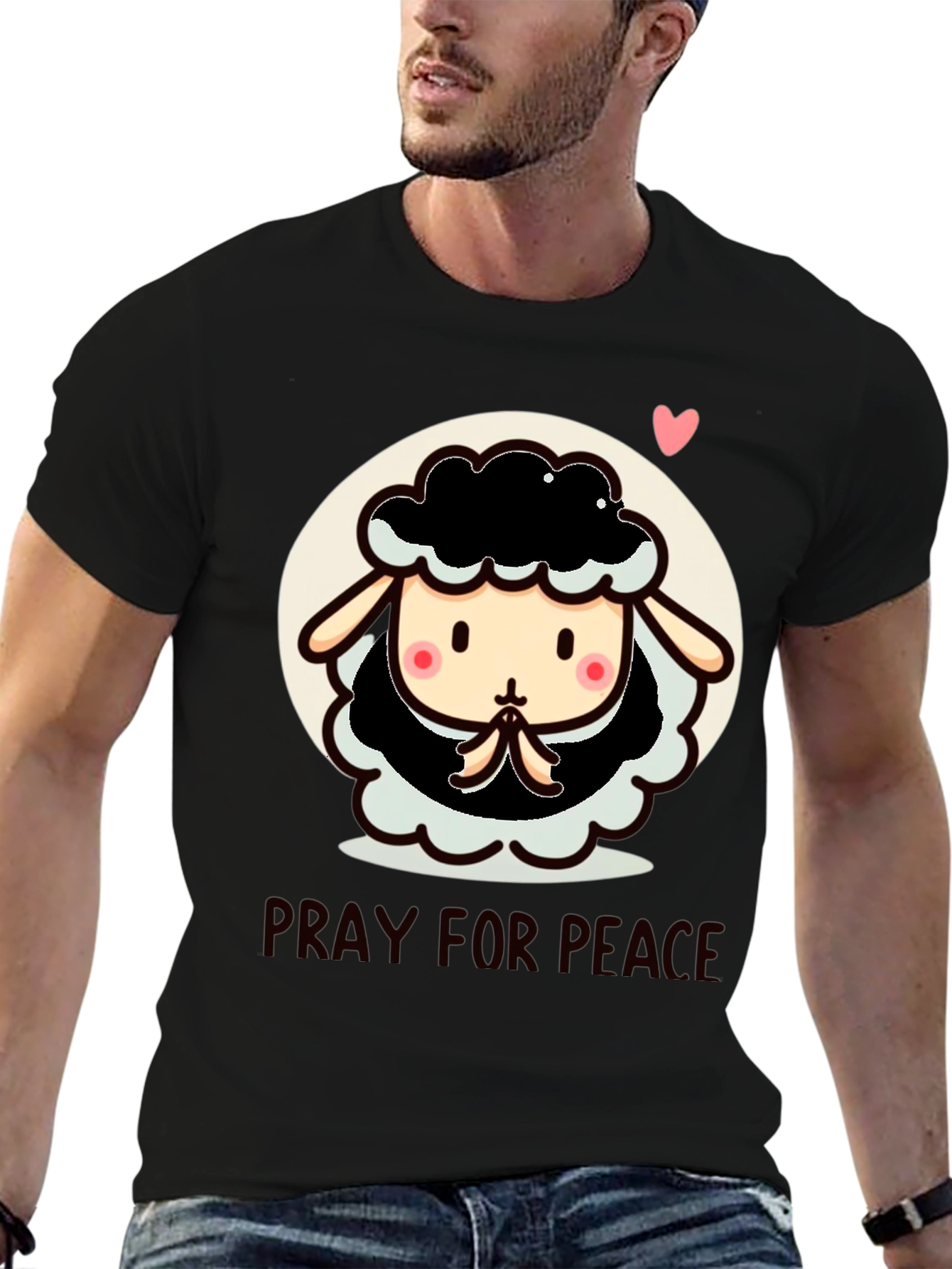 Black Pray for Peace Cartoon Sheep T-Shirt view 6