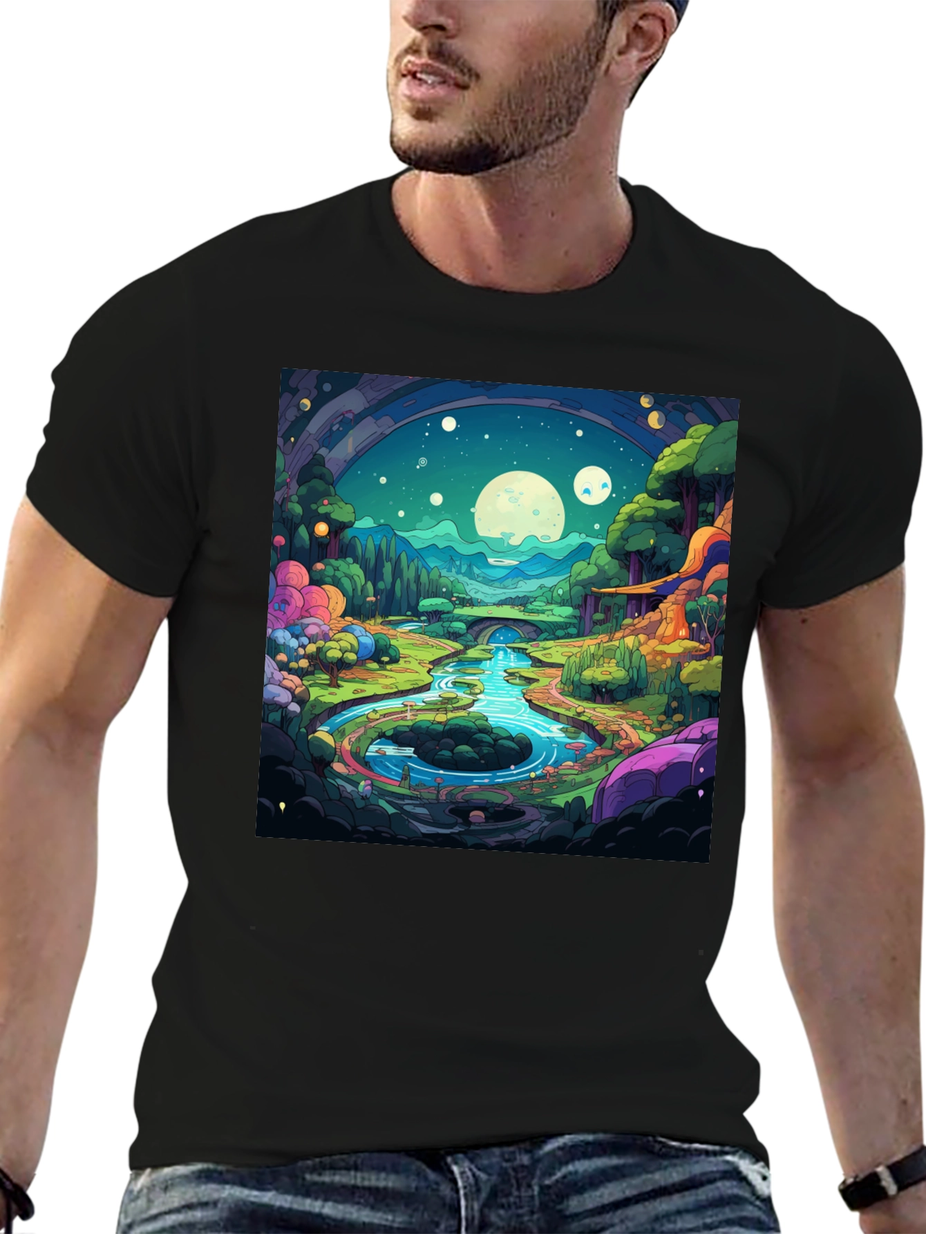 Black Cartoon Landscape Graphic Tee - Black view 6