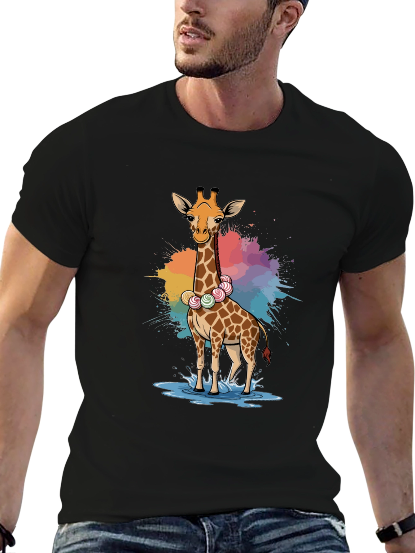 Black Giraffe Candy Lei T-Shirt - Fun Animal Tee view 6