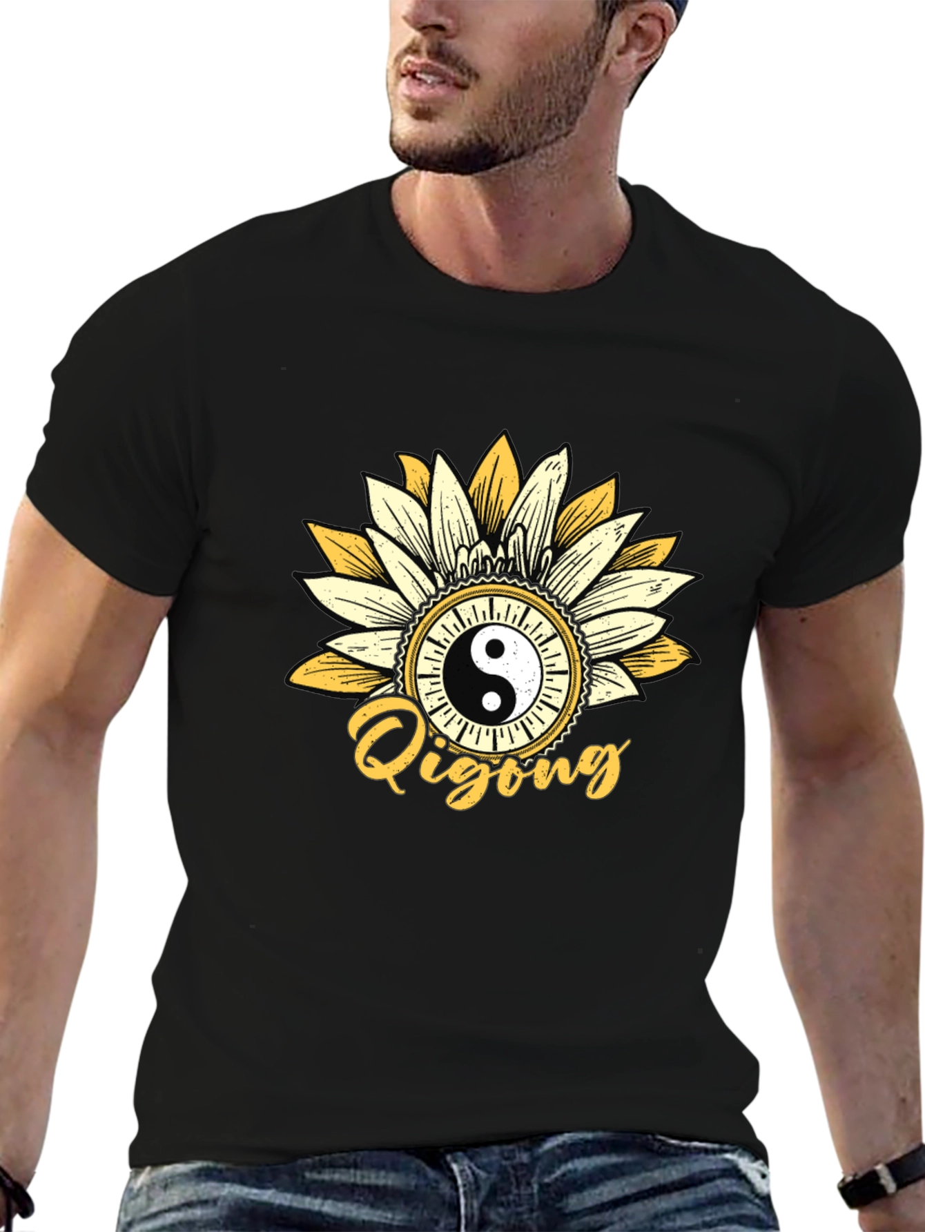 Black Yin Yang Qigong Sunflower Graphic Tee view 6