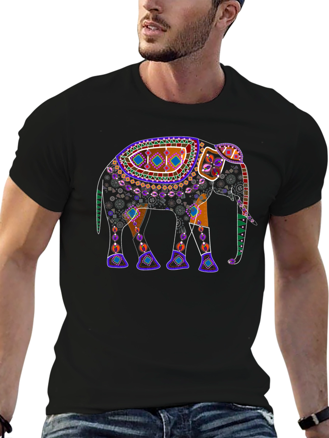 Black Elephant Print Crew Neck T-Shirt view 6