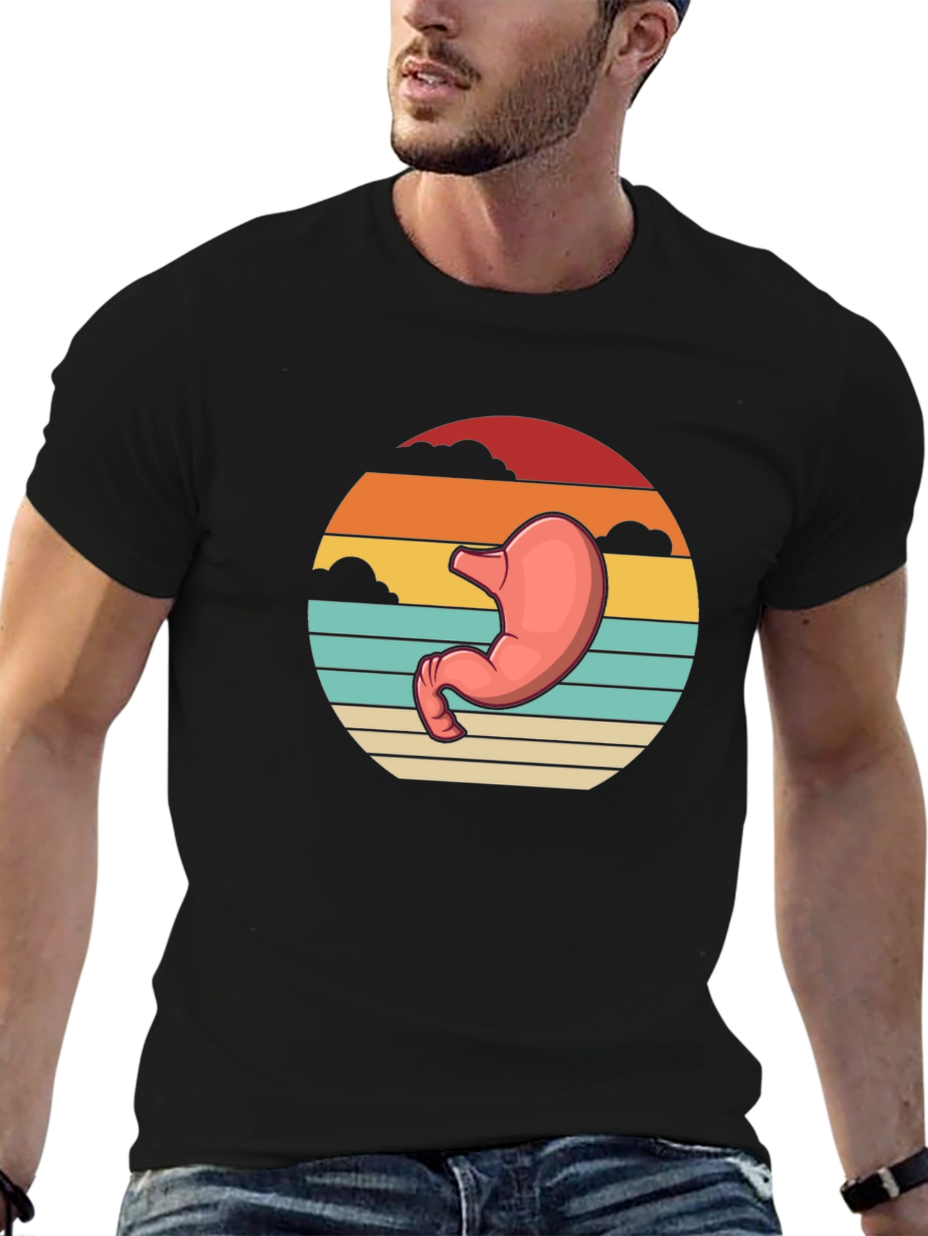Black Stomach Anatomy Black T-Shirt - Retro Sunset Graphic Tee view 6