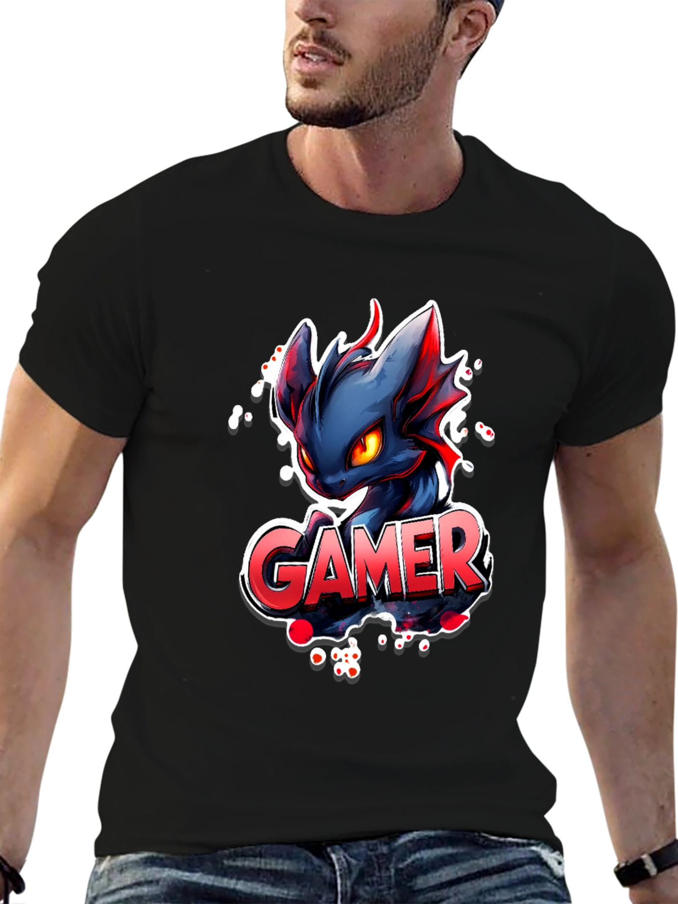Black Gamer Dragon Graphic Tee - Black Cotton T-Shirt view 6