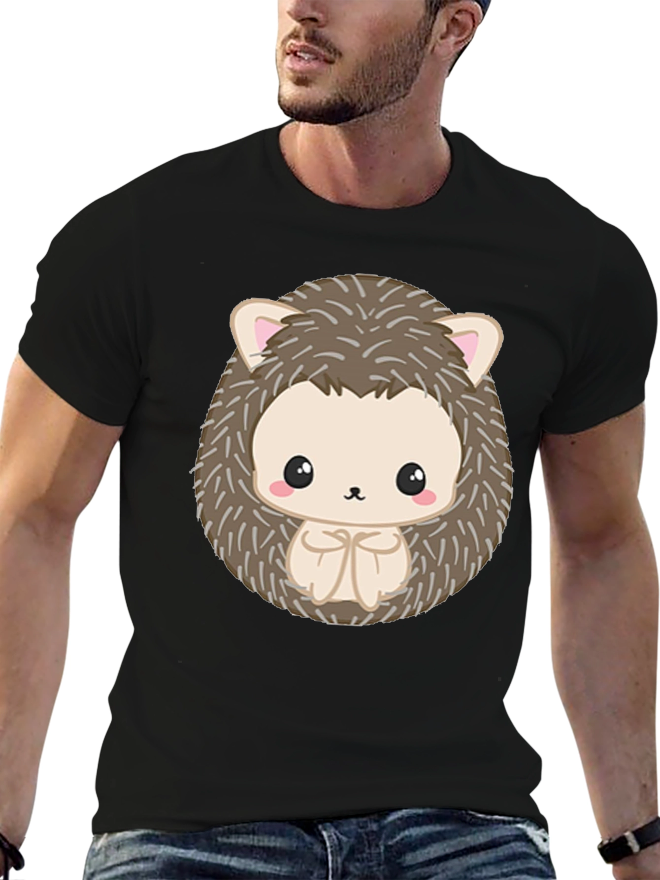 Black Cute Hedgehog Graphic Black T-Shirt view 6