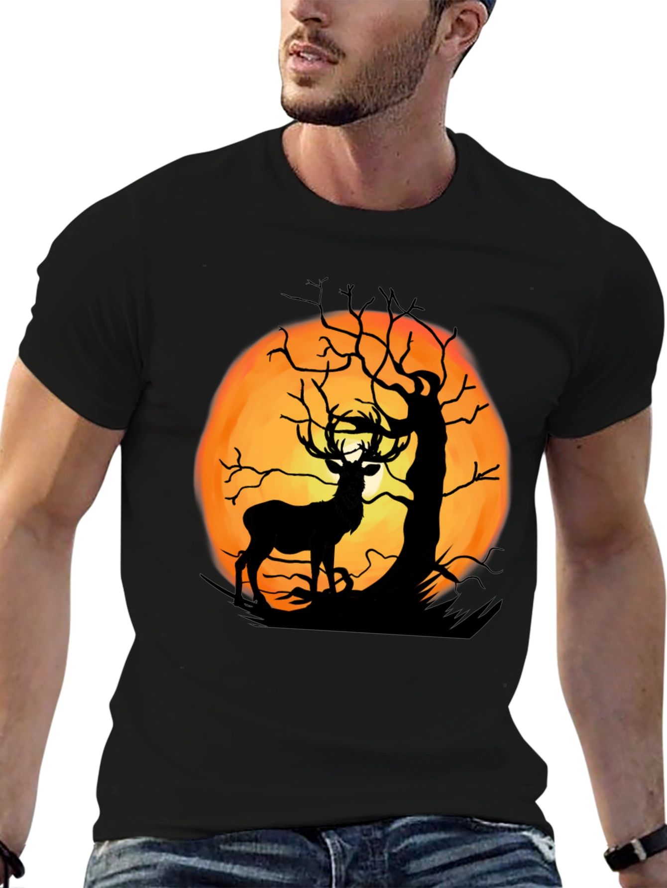 Black Deer Moon Silhouette Graphic Tee - Black Cotton view 6