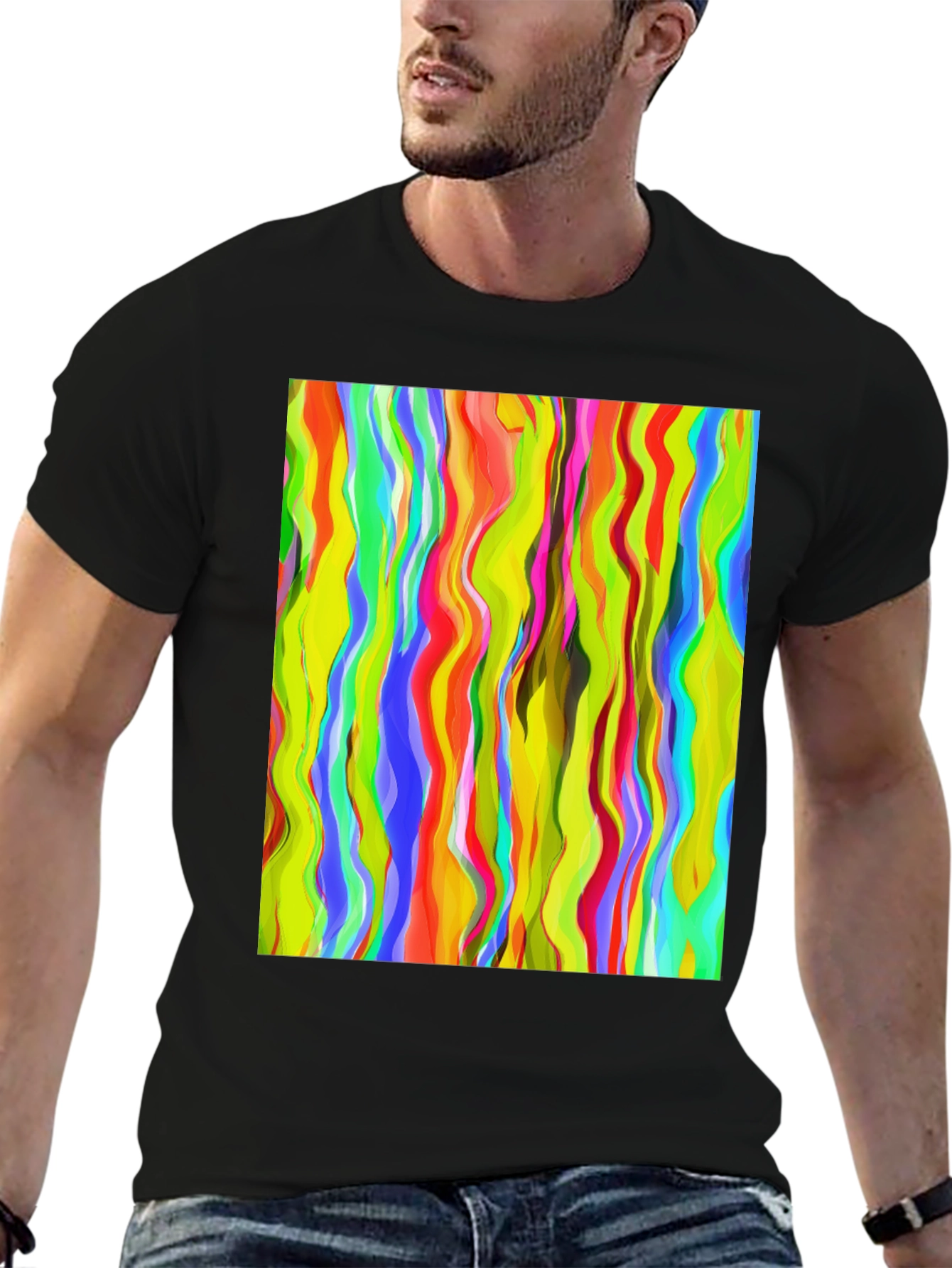 Black Vibrant Abstract Wave Print Black T-Shirt view 6