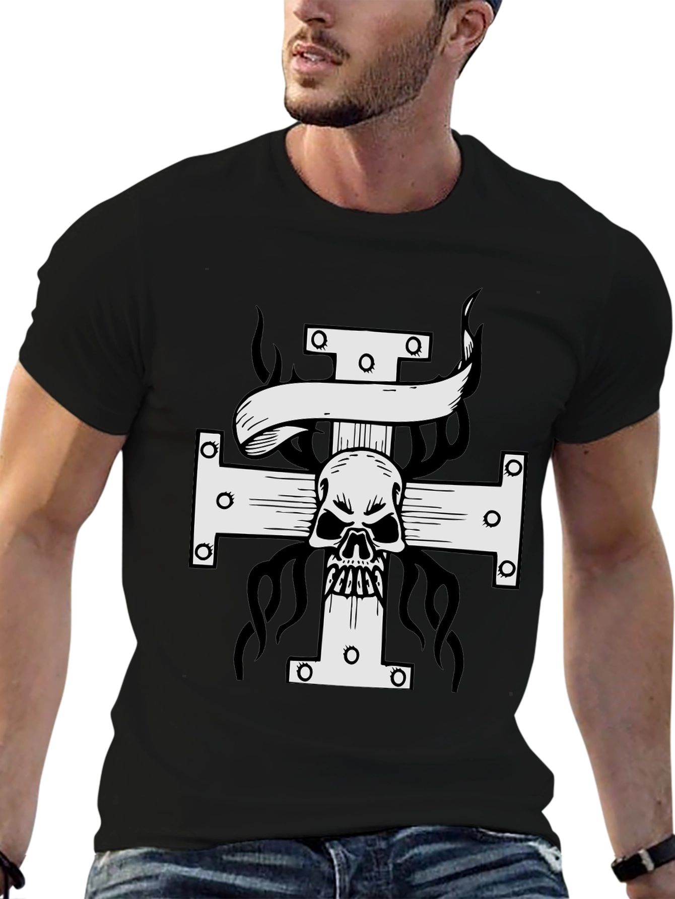 Black Skull Cross Graphic Tee - Black view 6