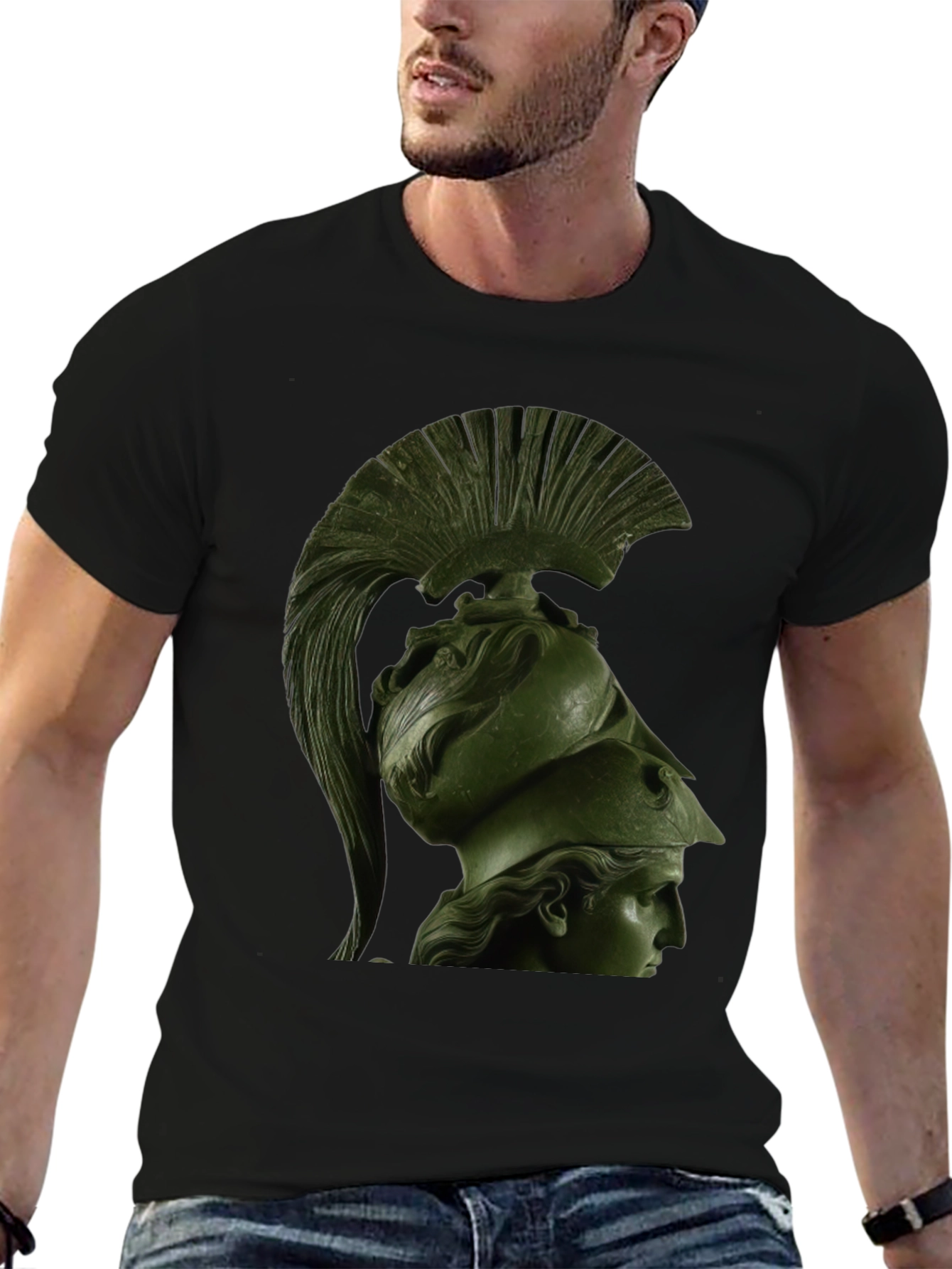 Black Spartan Helmet Graphic Tee - Black Cotton T-Shirt view 6