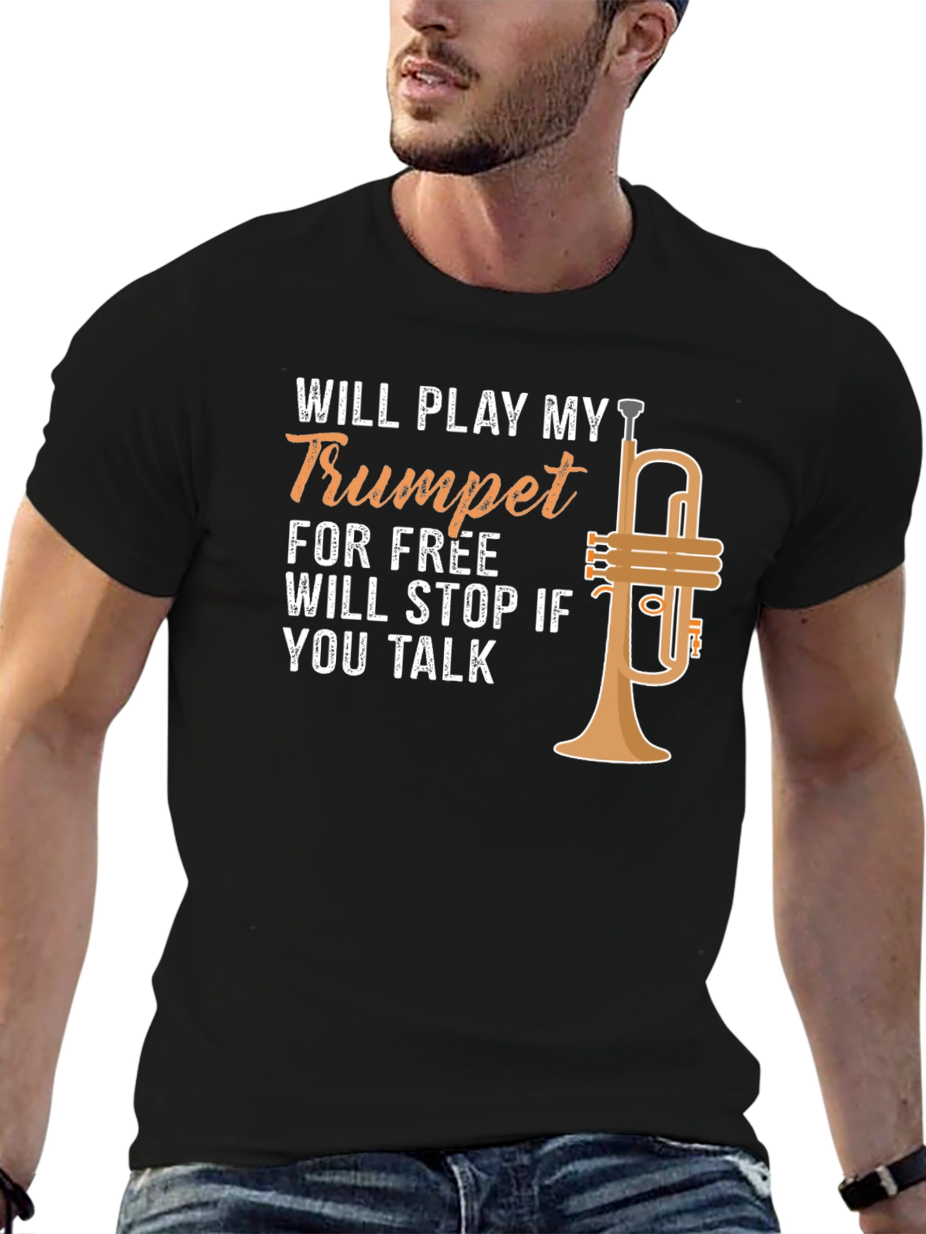 Black Trumpet Player T-Shirt - Will Play for Free! view 6