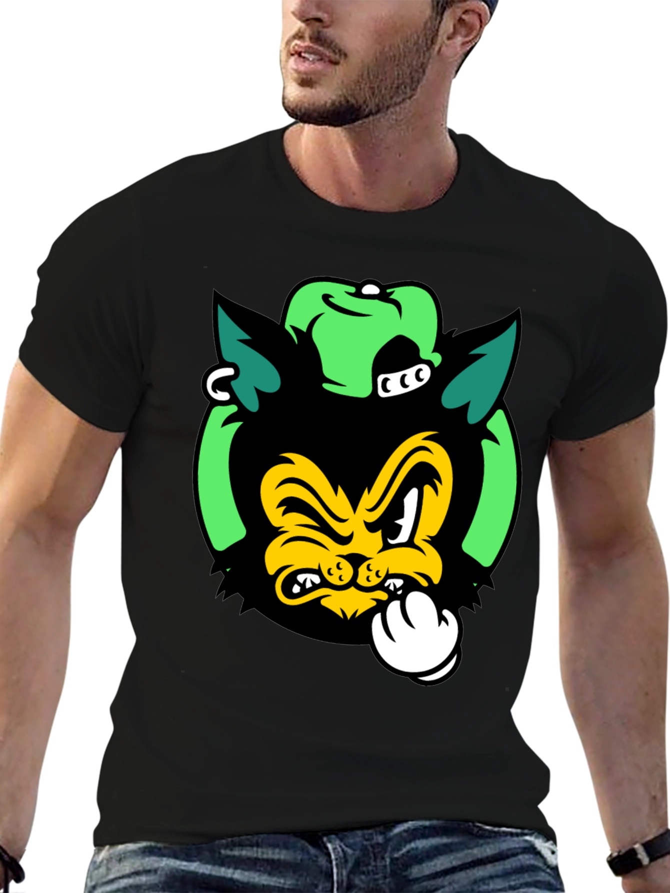 Black Cartoon Cat Graphic Print Black T-Shirt view 6