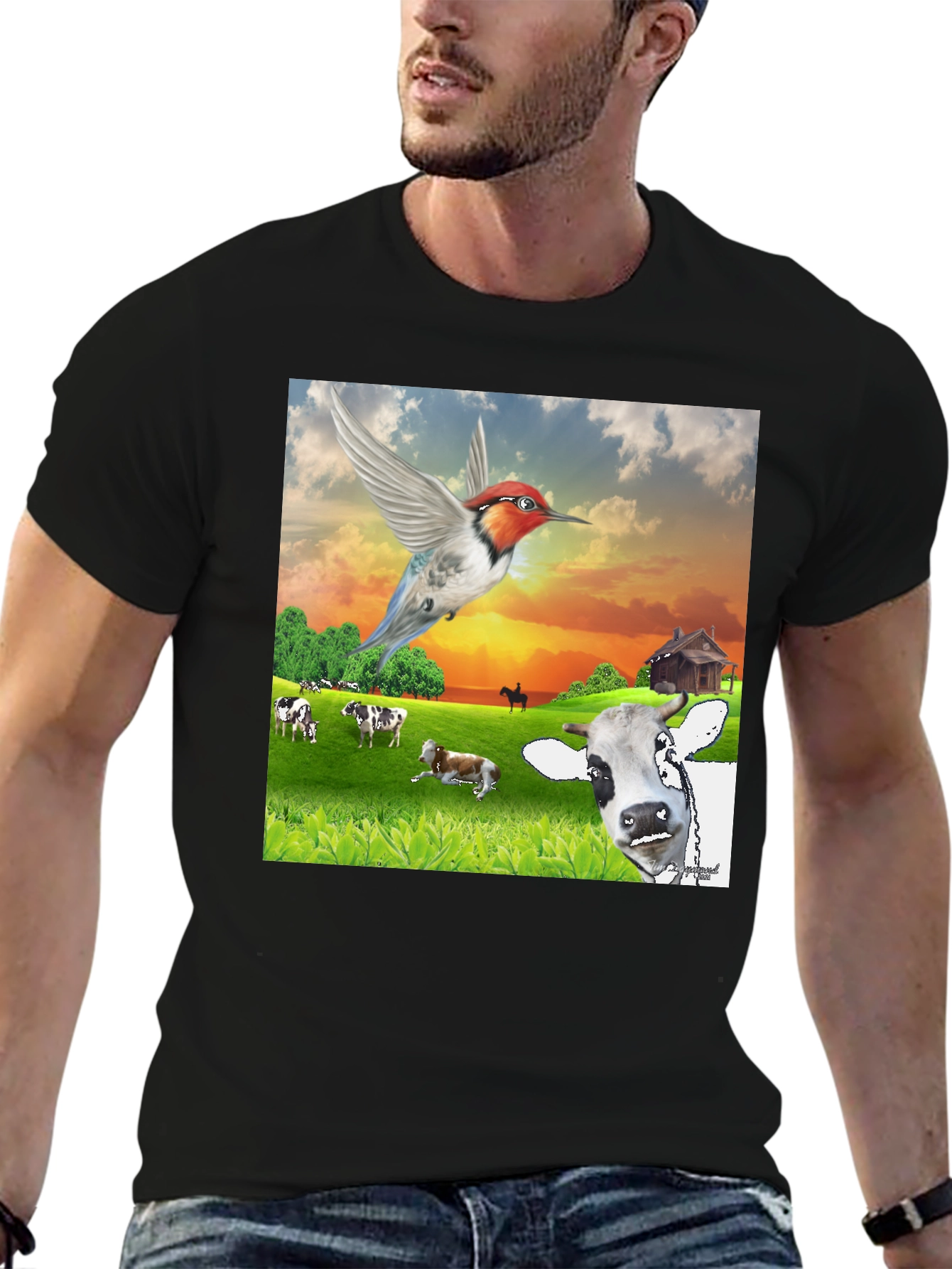 Black Hummingbird & Cow Farm T-Shirt - Unique Animal Design view 6