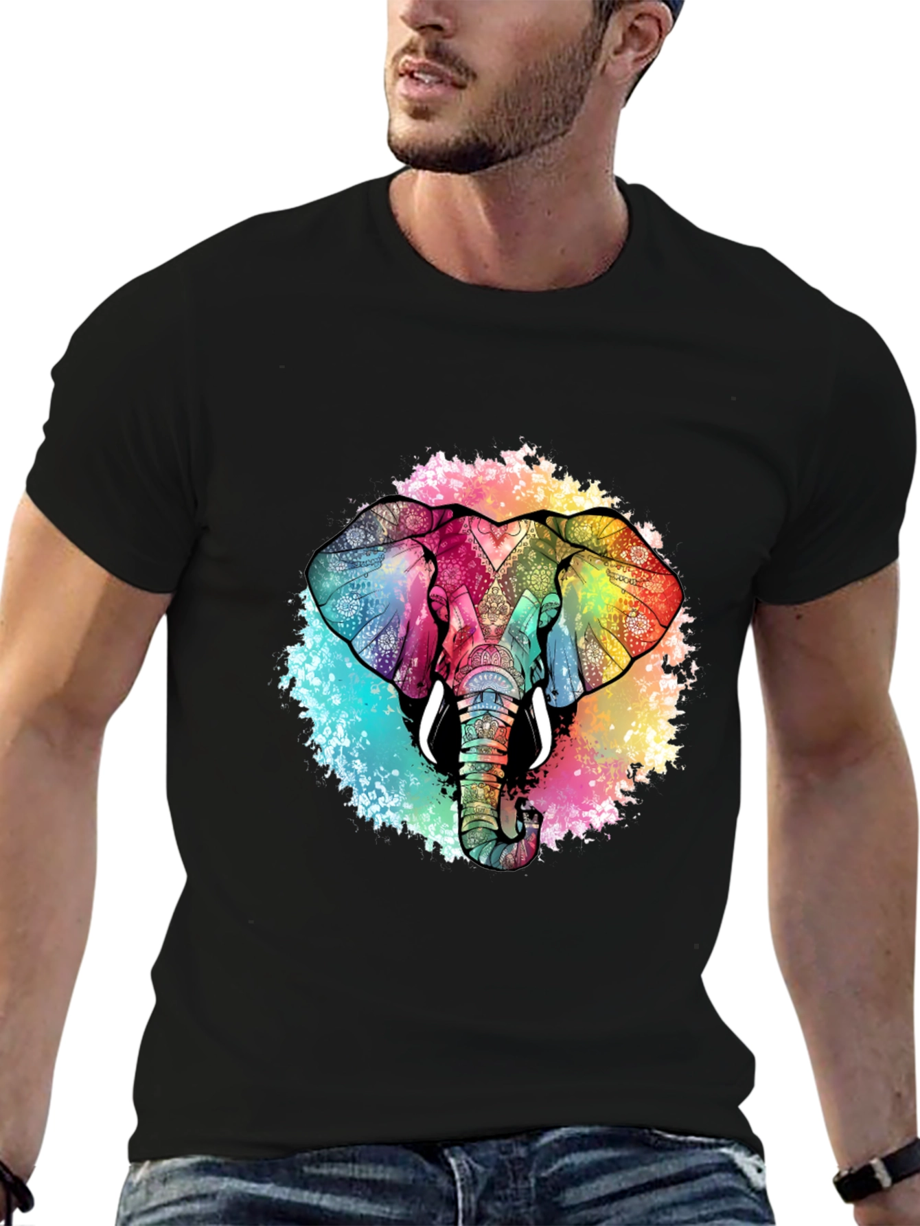 Black Colorful Elephant Graphic Tee - Unique Design view 6