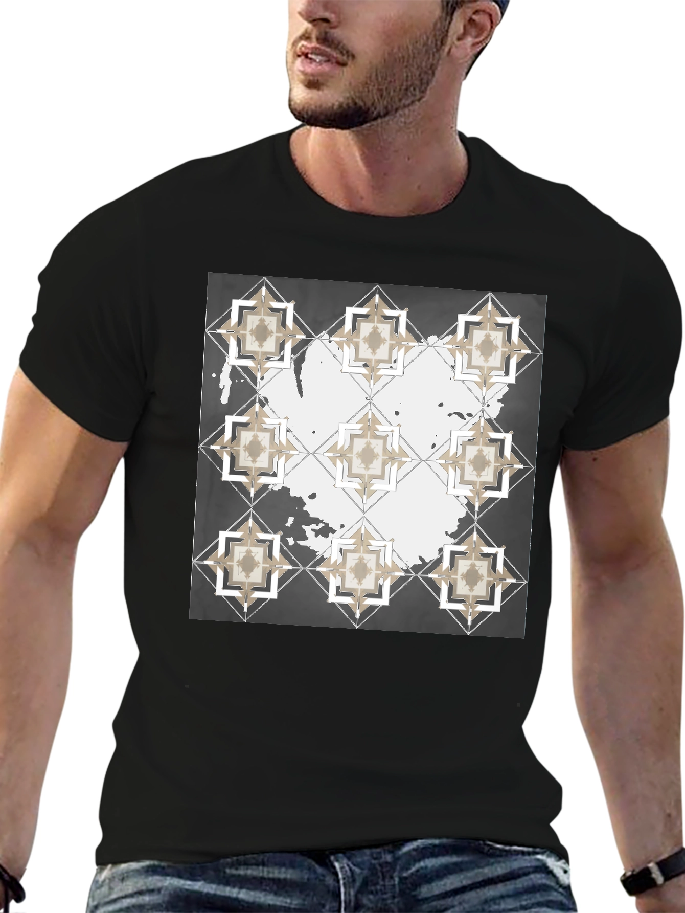 Black Geometric Tile Print Crew Neck T-Shirt view 6