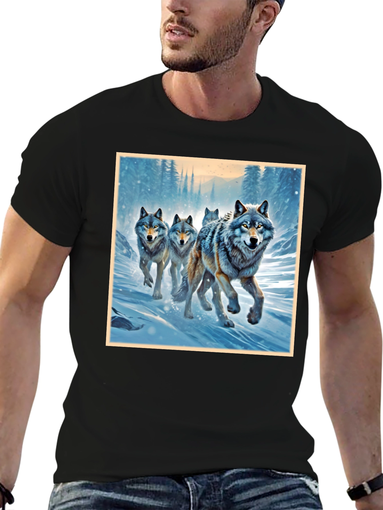 Black Wolf Pack Graphic Tee - Black Cotton Blend Shirt view 6