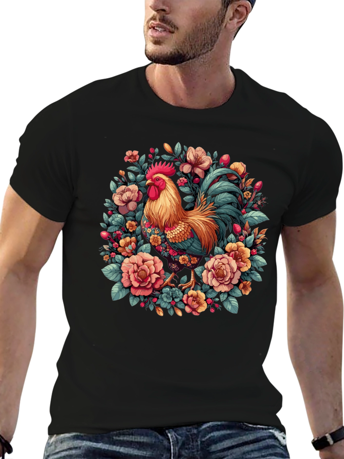 Black Floral Rooster Graphic T-Shirt view 6