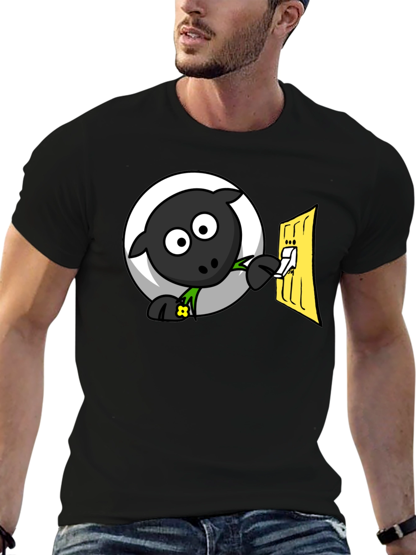 Black Funny Cartoon Sheep Turning on Light T-Shirt view 6