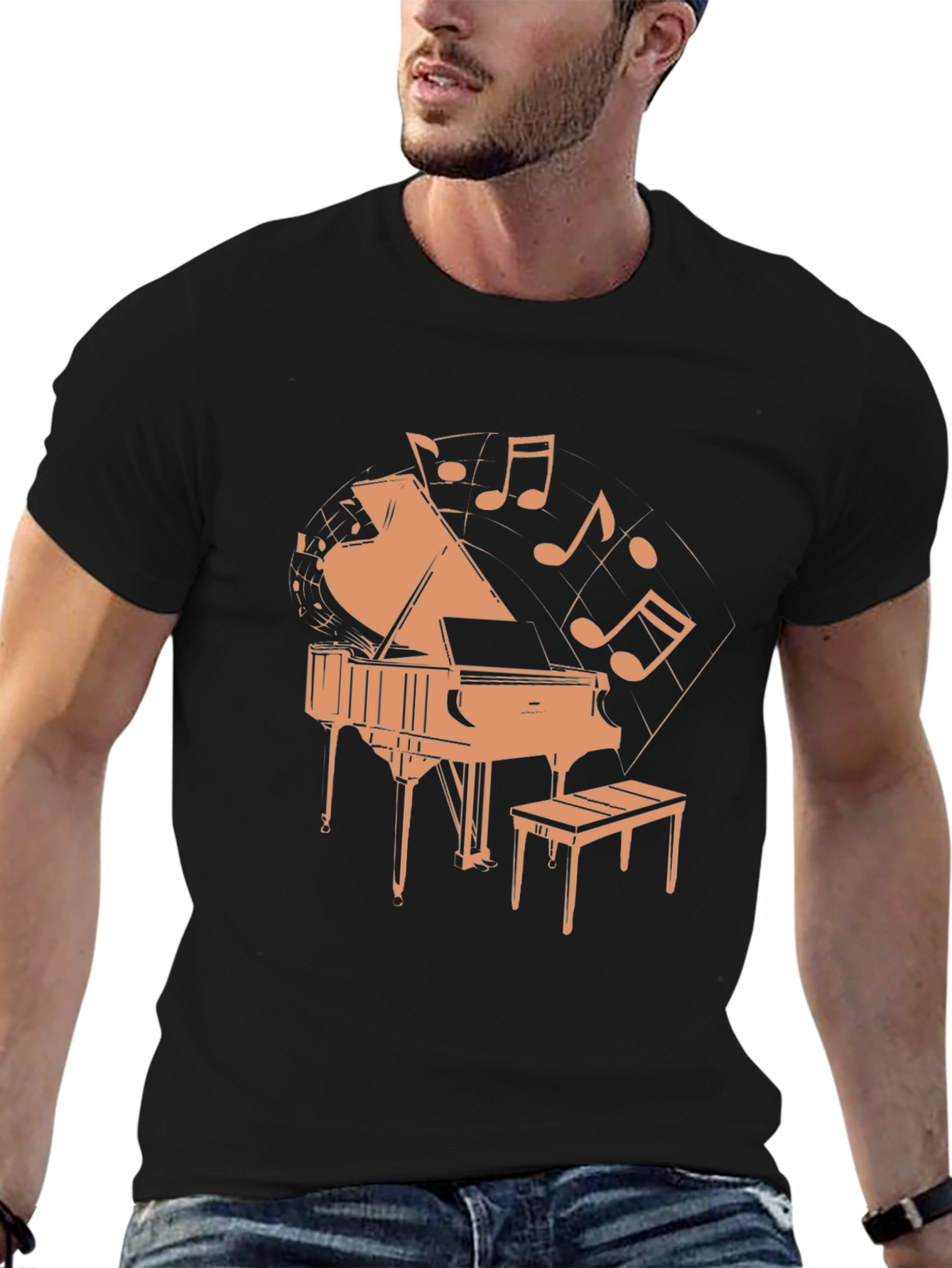 Black Piano and Music Notes Graphic T-Shirt view 6