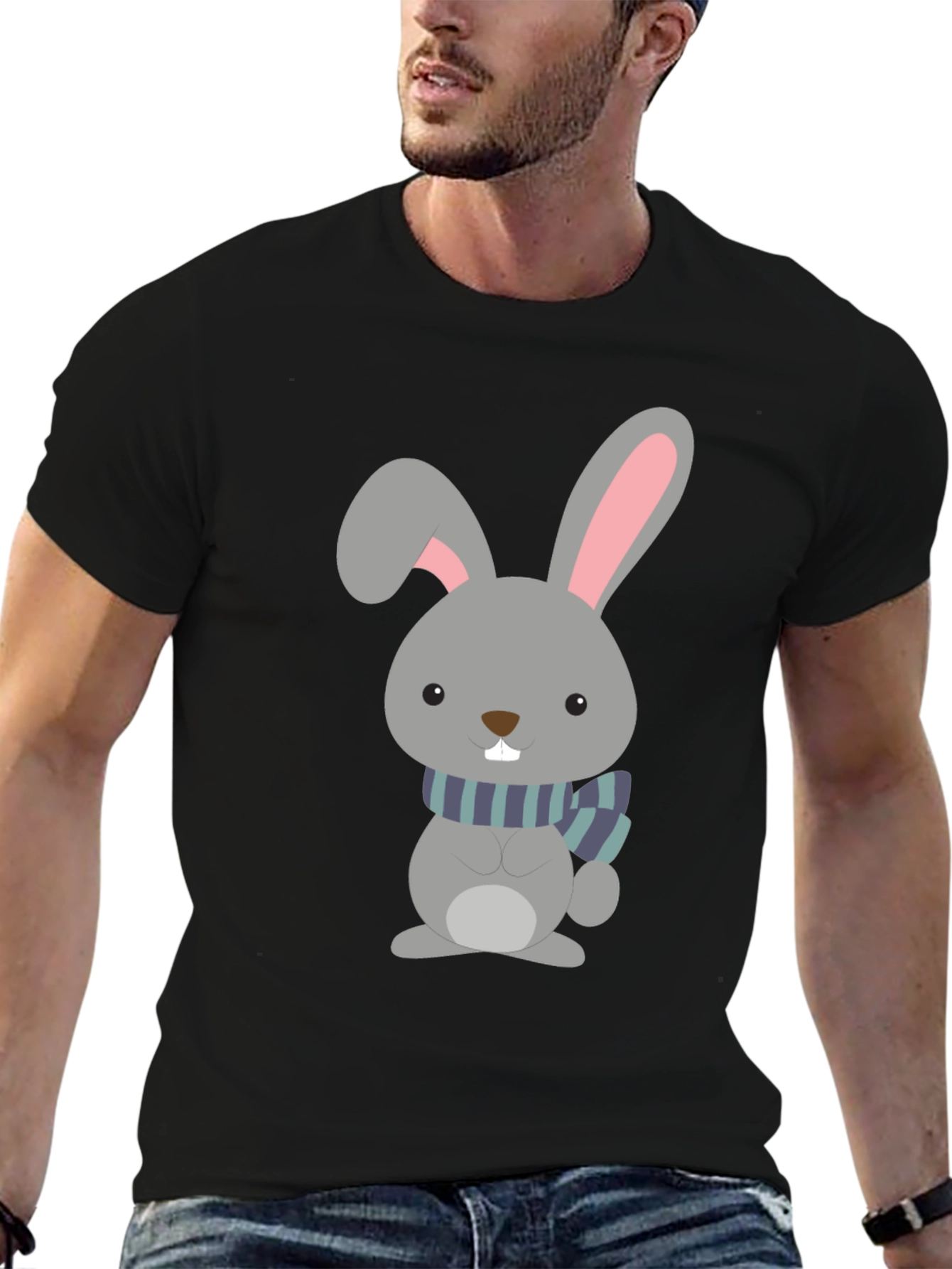 Cute Cartoon Rabbit Graphic Tee - Unisex Black T-Shirt - 6