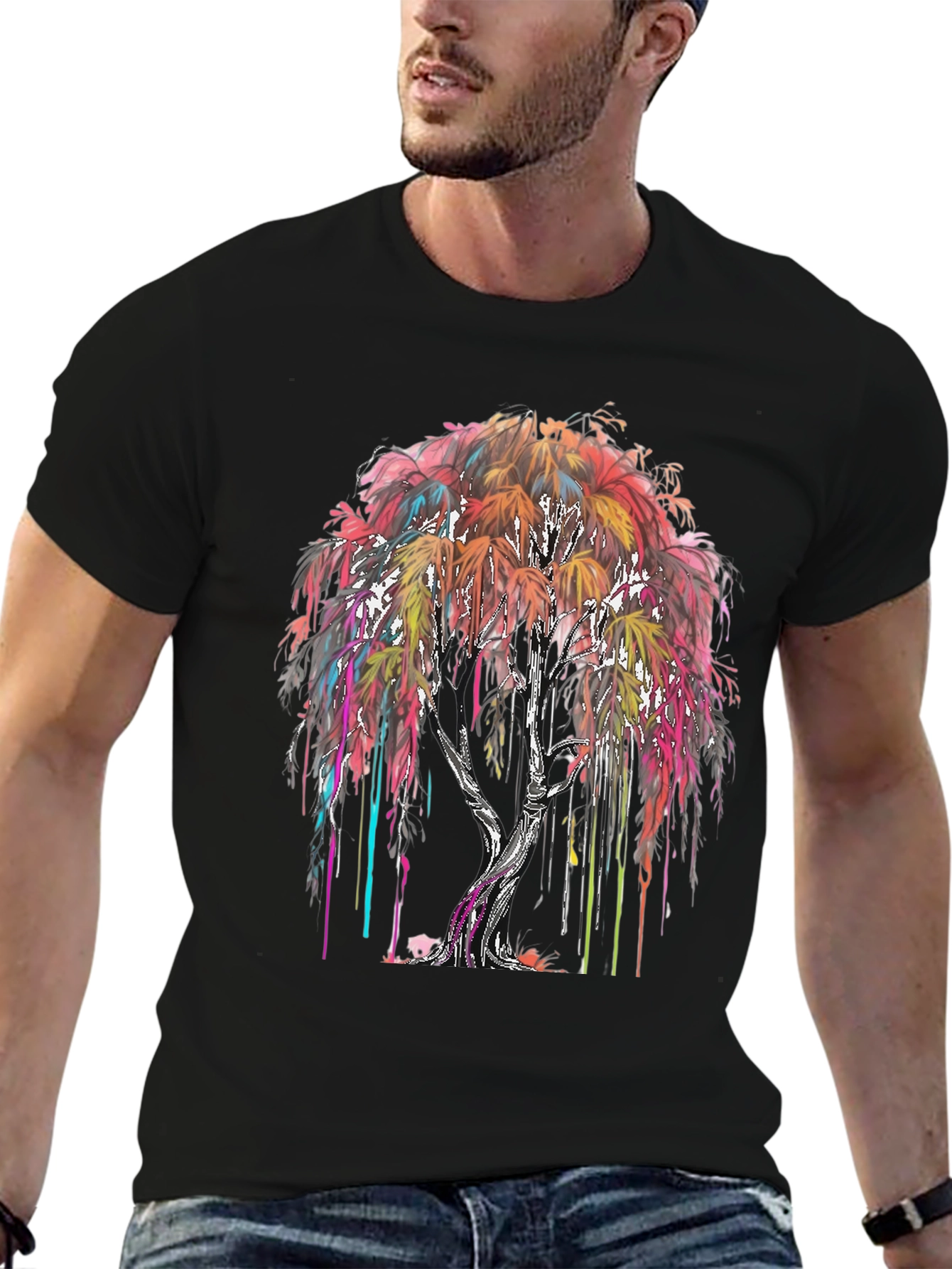 Black Colorful Drip Tree Graphic T-Shirt view 6