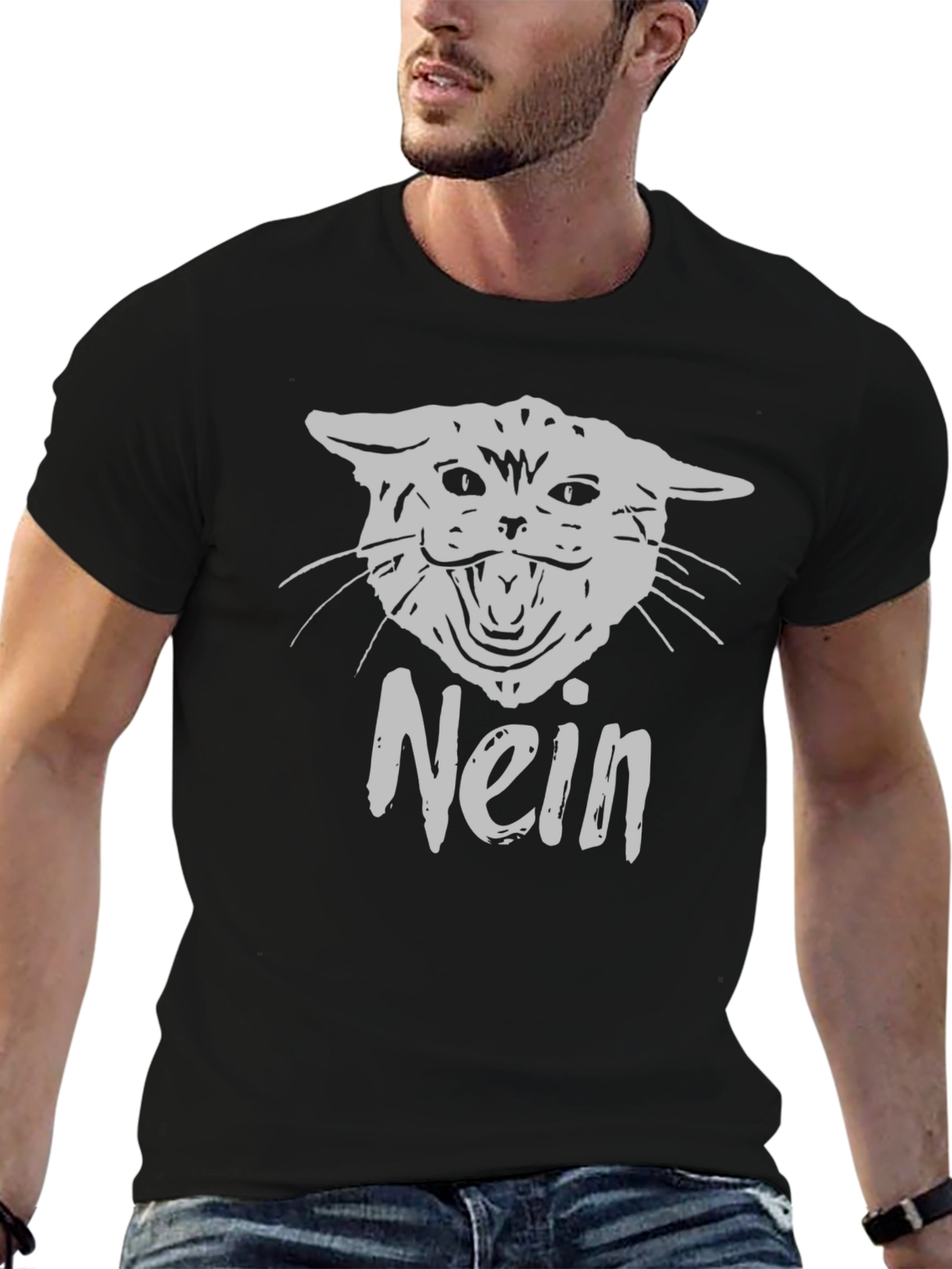 Black Nein Cat Graphic T-Shirt - Black Cotton Tee view 6