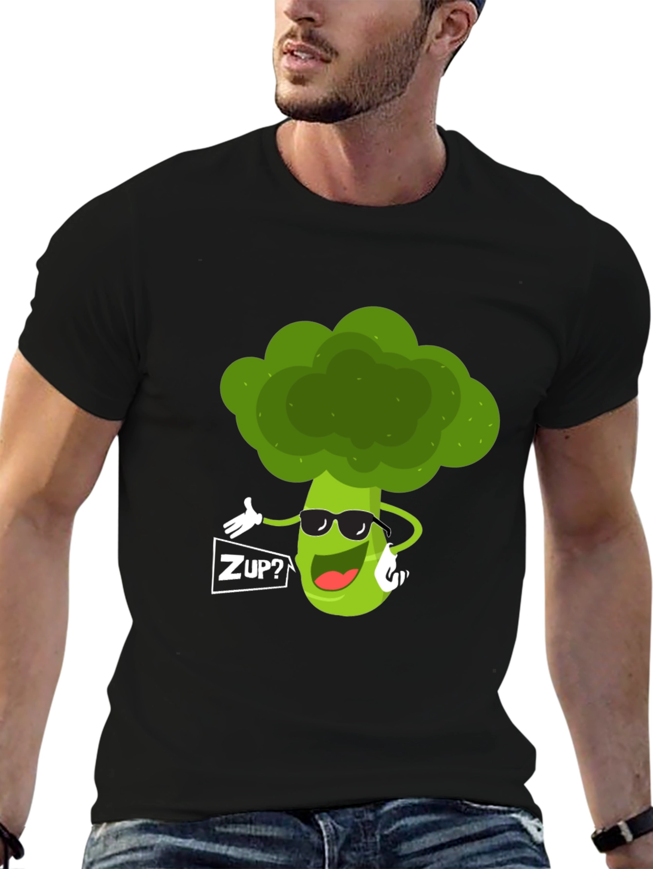 Black Funny Broccoli Graphic T-Shirt - "ZUP?" Design view 6