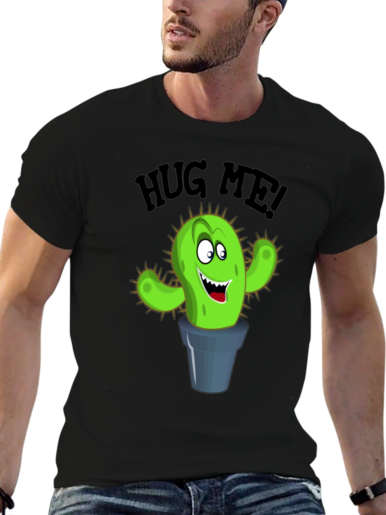 Black Hug Me Cactus Graphic T-Shirt - Funny Novelty Tee view 6