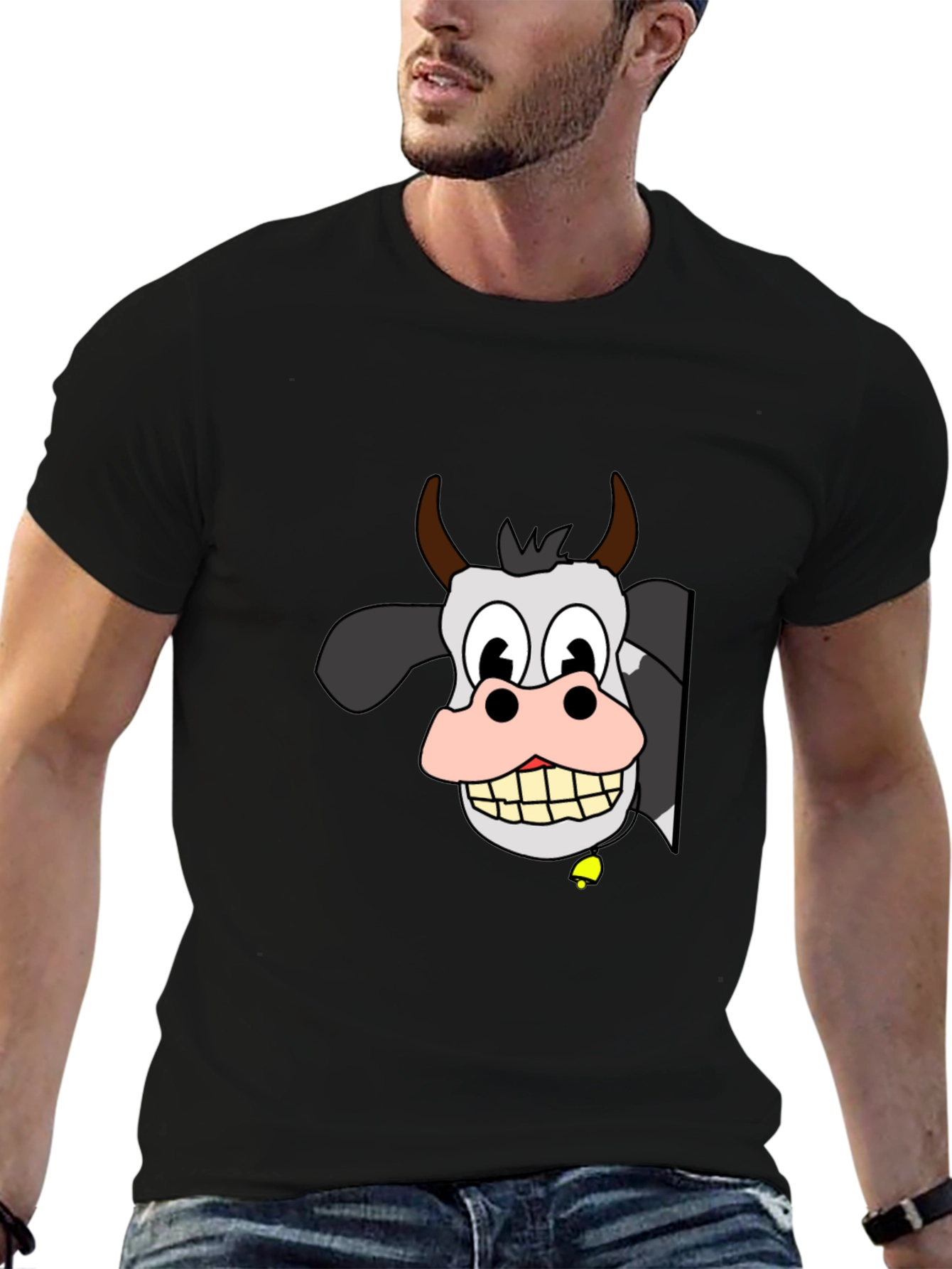 Black Funny Cow Cartoon Black T-Shirt view 6