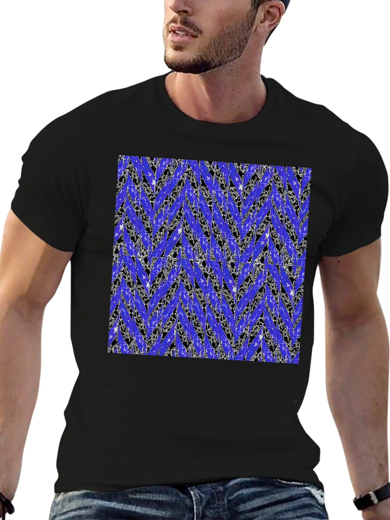 Black Abstract Blue Chevron Print Men's Black T-Shirt view 6