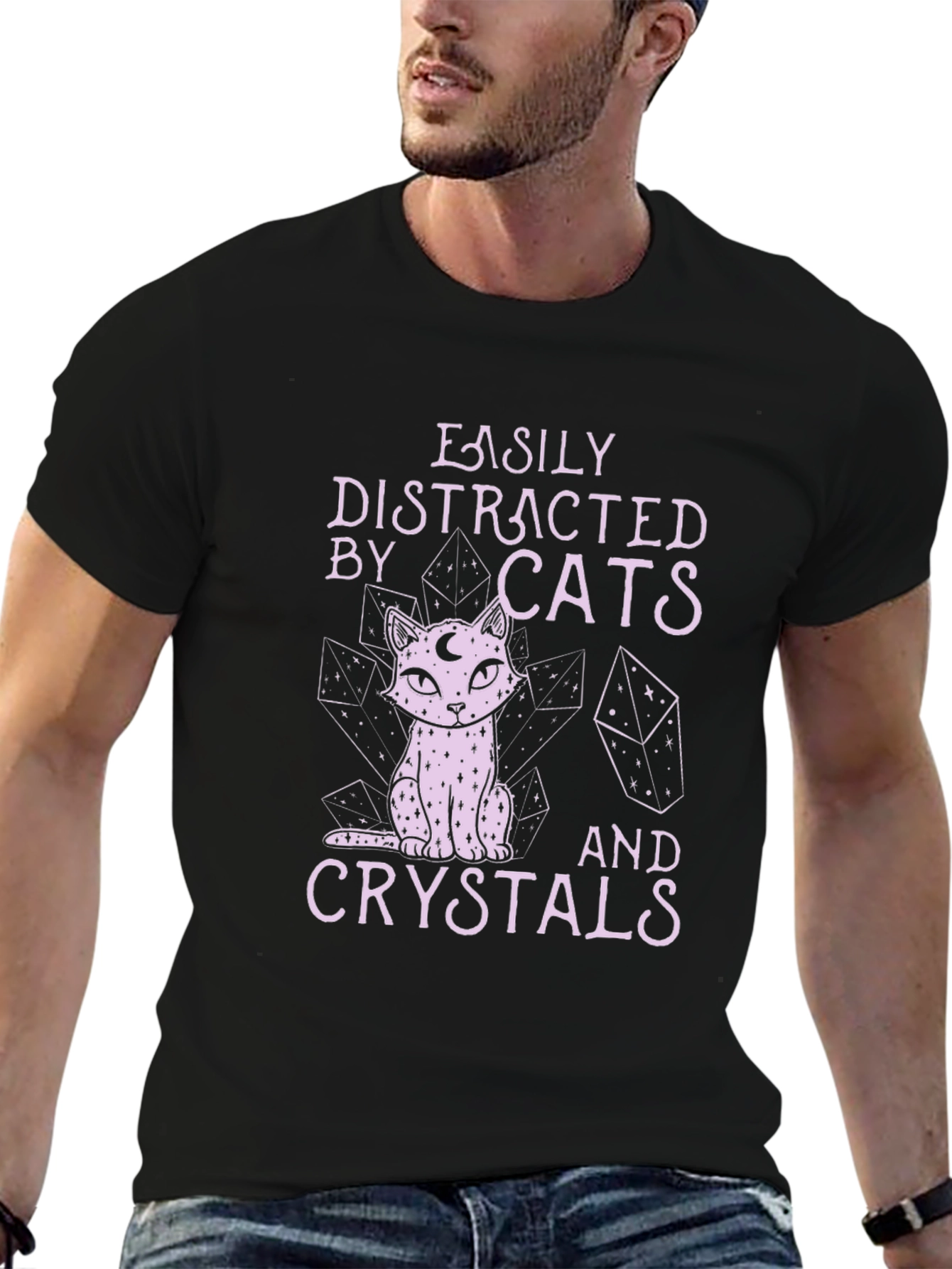 Black Easily Distracted by Cats and Crystals T-Shirt view 6