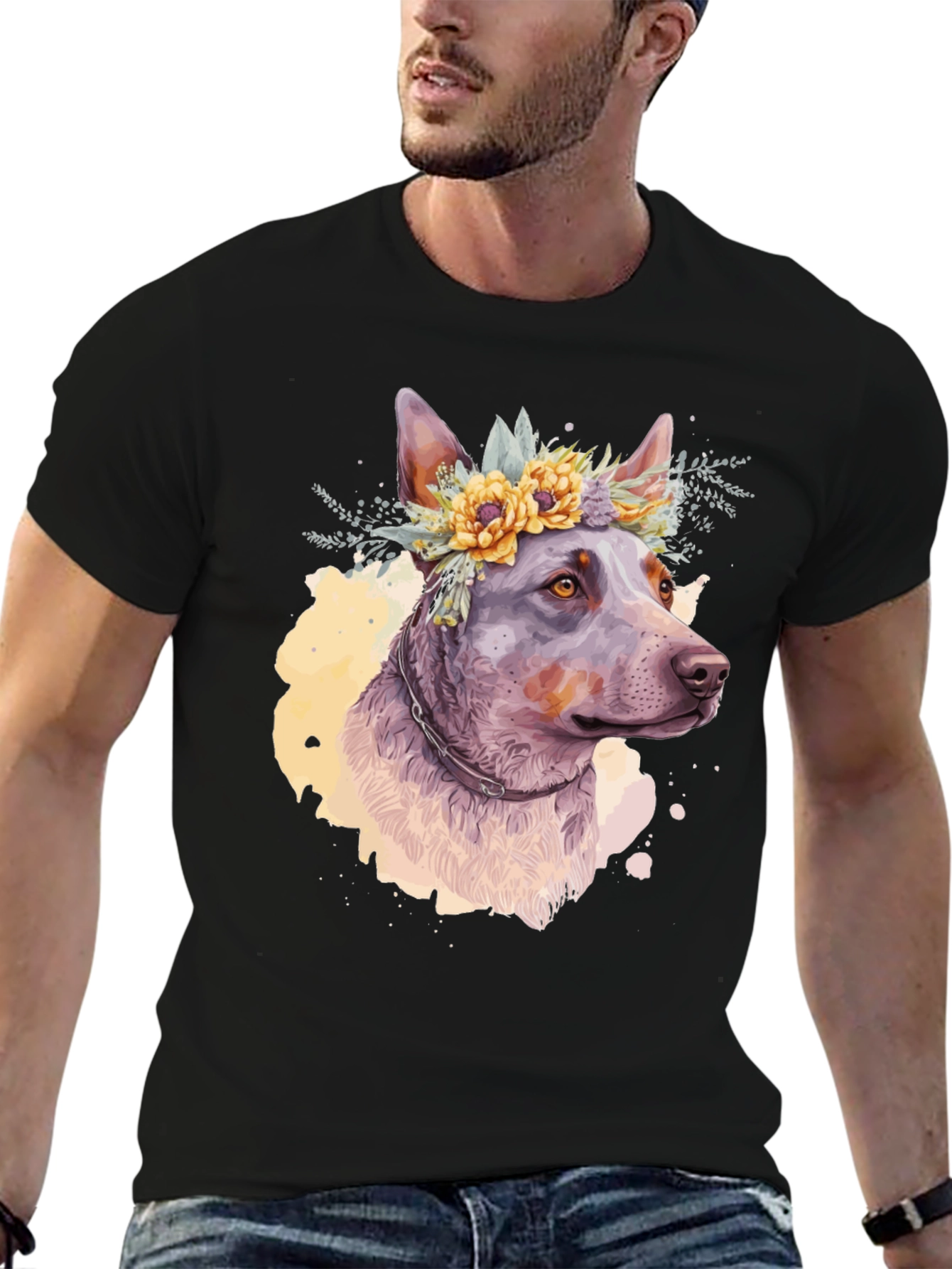 Black Dog with Flower Crown Graphic Tee - Artistic Pet Lover Shirt view 6