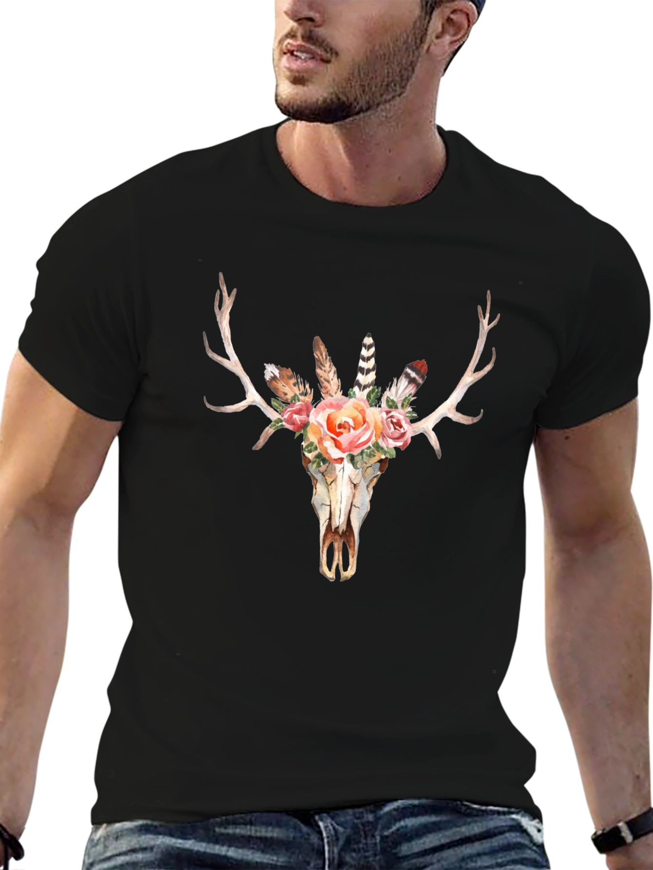 Black Boho Skull Graphic Tee - Men's Black T-Shirt view 6