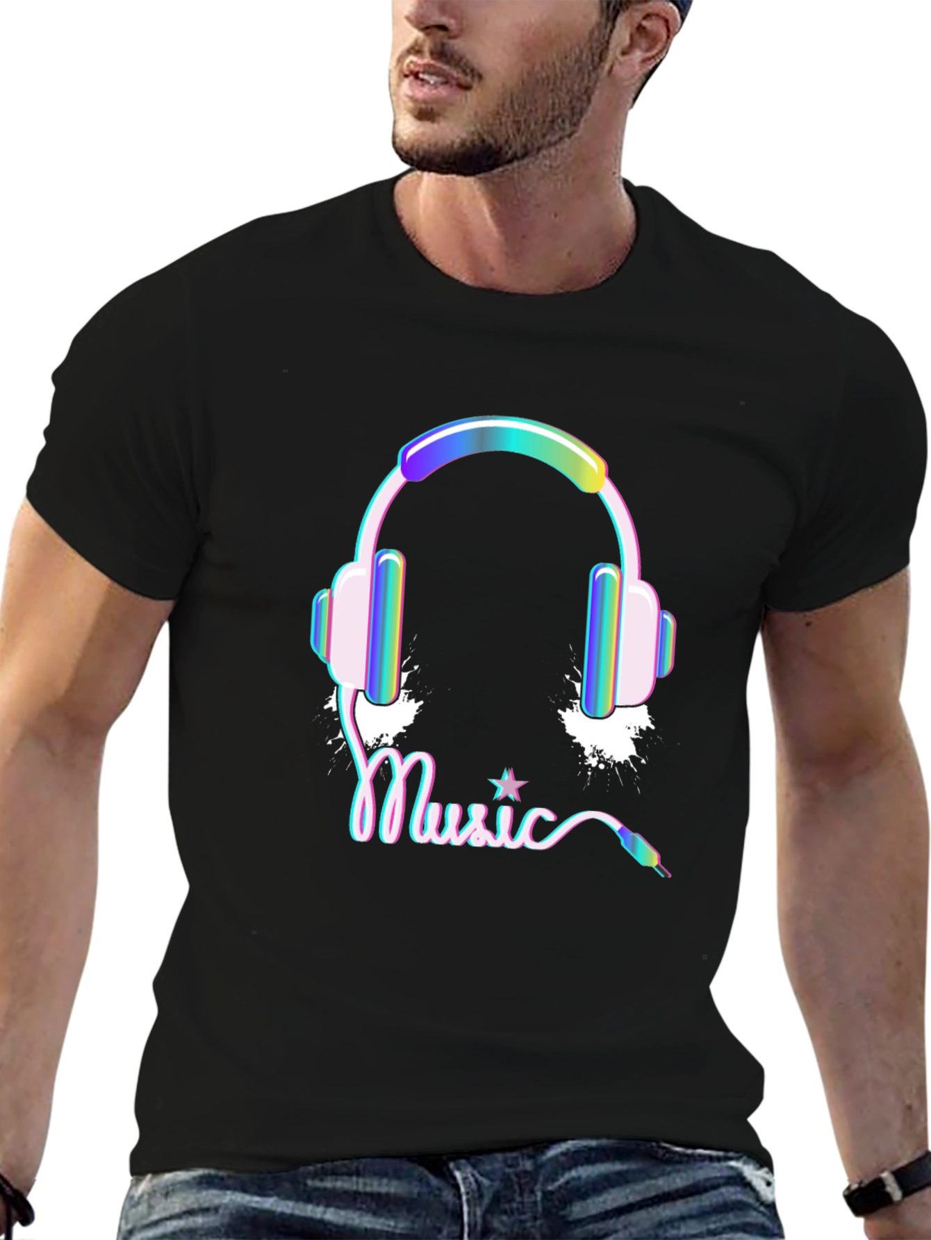 Black Music Headphones Graphic Print Black Tee Shirt view 6