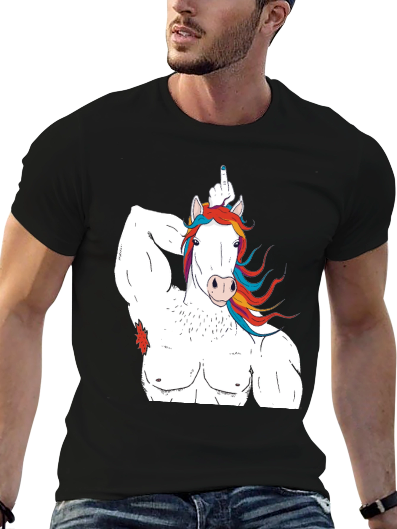 Black Unicorn Bodybuilder Funny Graphic T-Shirt view 6
