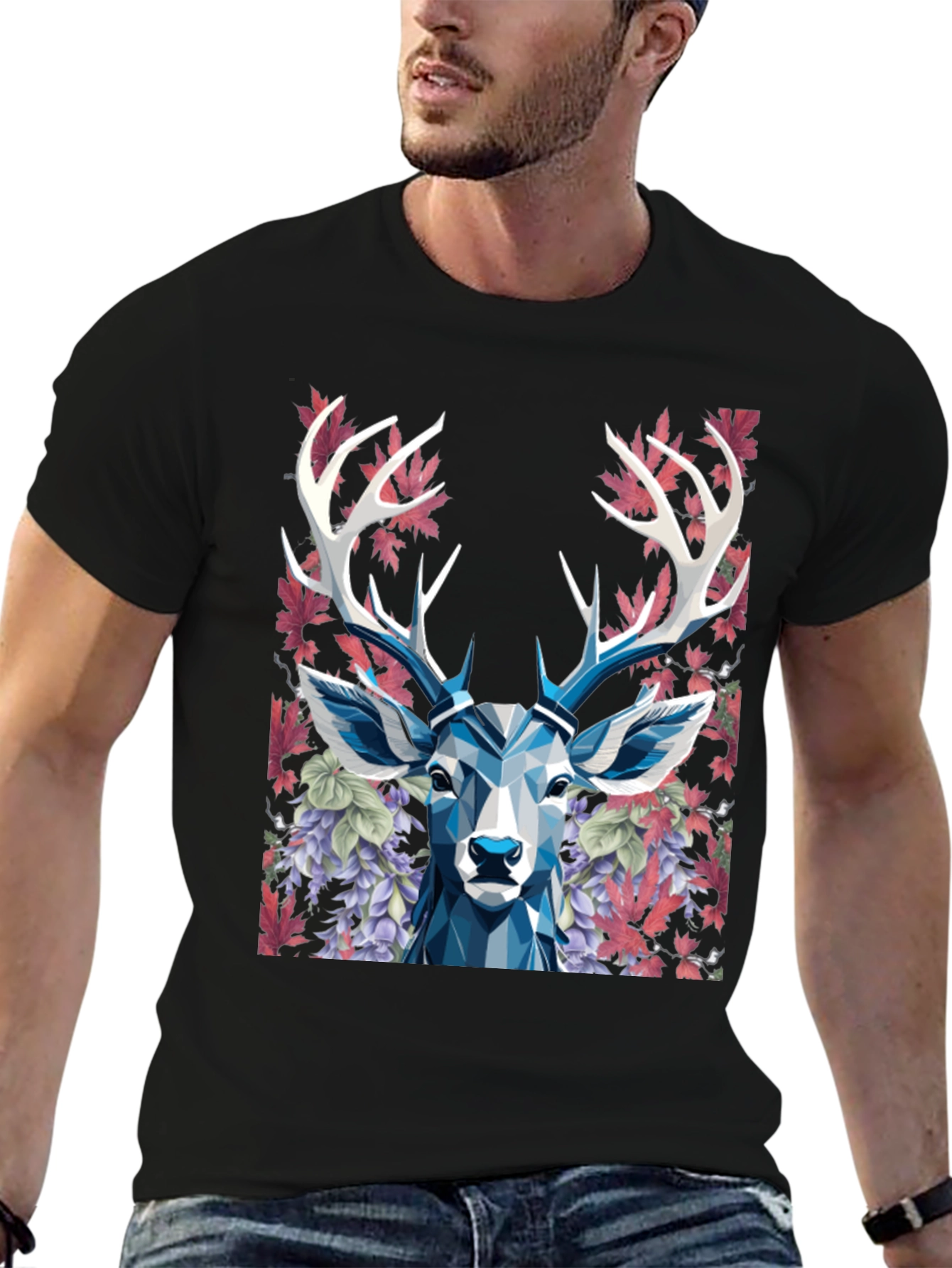 Black Geometric Deer Floral Graphic T-Shirt view 6