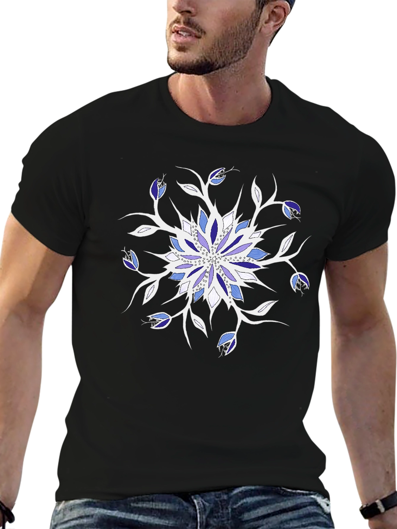 Black Floral Mandala Graphic Tee - Black Cotton Casual Top view 6