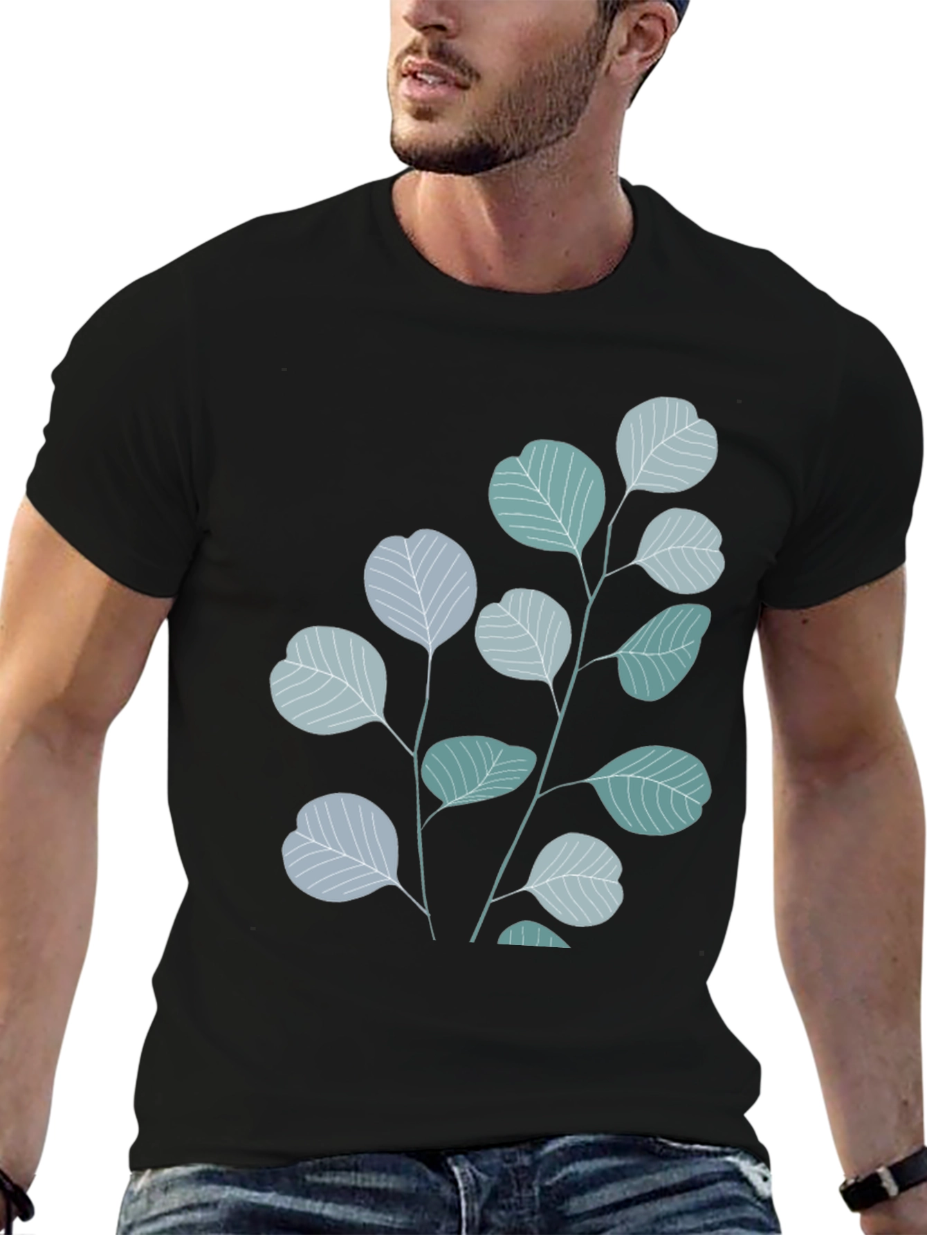 Black Botanical Leaves Graphic Tee - Black Cotton Blend view 6